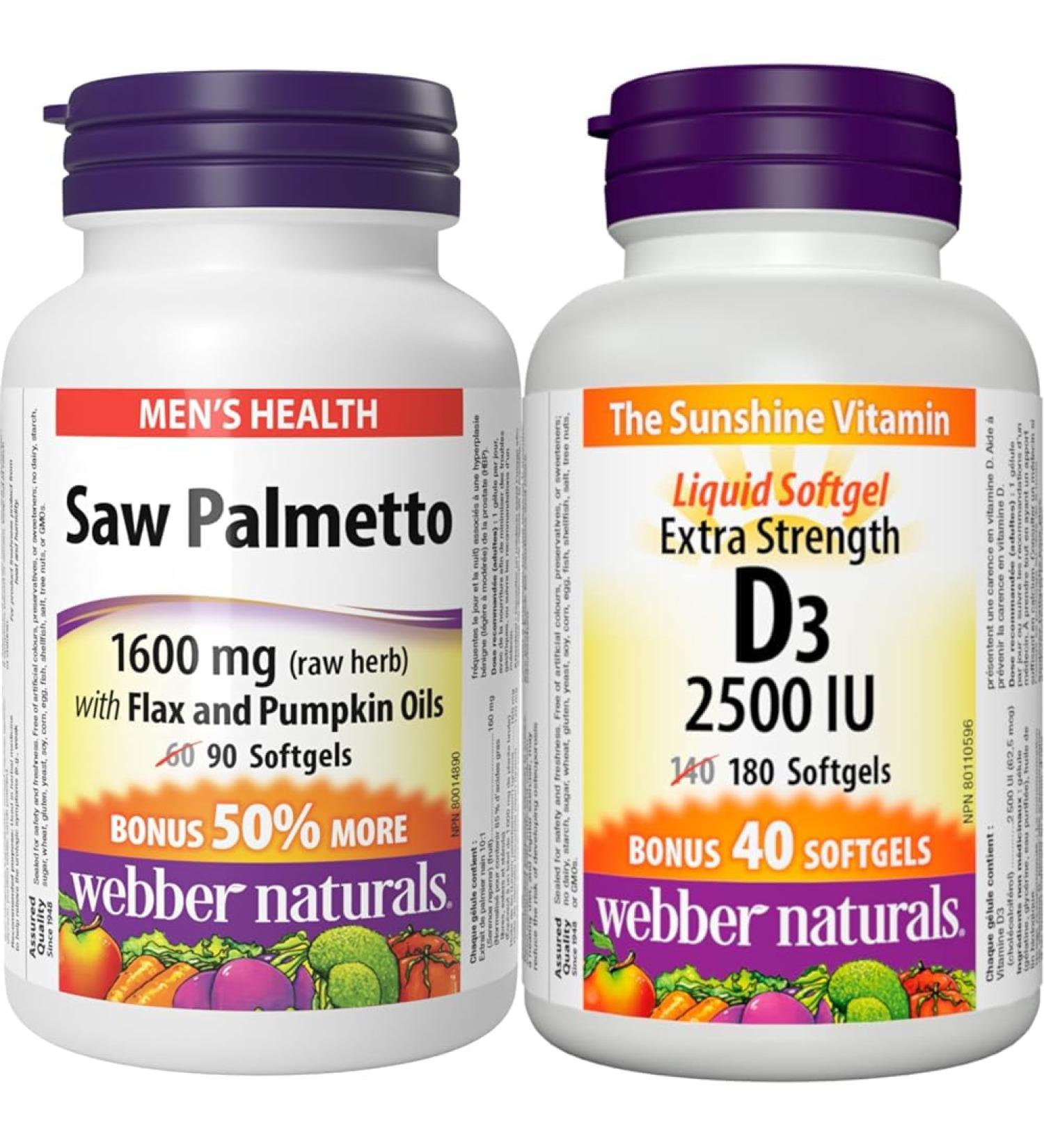 Webber Naturals Saw Palmetto 160 mg Contains Flax and Pumpkin Oil 90 Softgel & Vitamin D3 2500 IU Extra Strength 180 Softgels For Healthy Bones Teeth and Helps Prevent Vitamin D Deficiency Saw Palmetto + VITAMIN 3818 - Buy Online on GoSupps.com