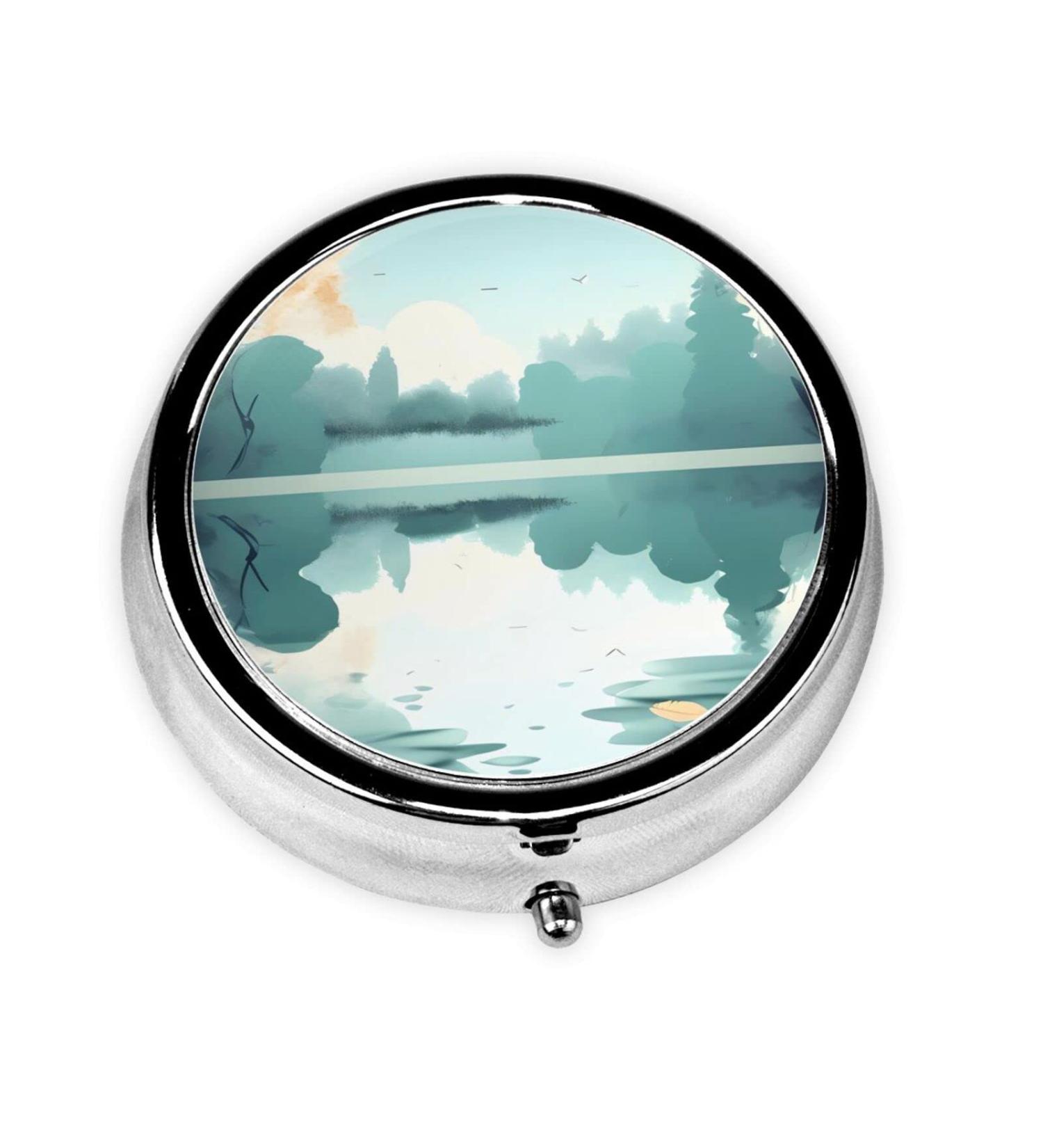 Fallen Leaves Tranquil Lake Round Pill Box - 3 Compartment Travel Organizer | Portable Pill Storage for Easy Traveling - Buy Online on GoSupps.com