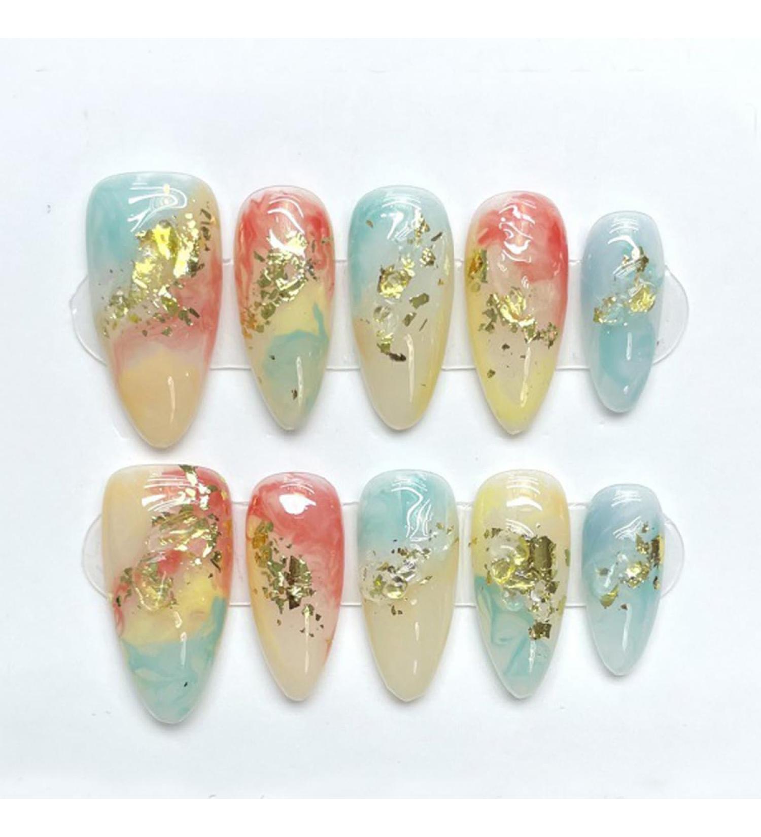Handmade Press On Nails Short MouyouGlow Almond Colourful Foils Gold Resuable Fake Nails with Self-Adhesive Colourful Handmade Artificial Fingernails 10 Pieces (#10-M) - Buy Online on GoSupps.com