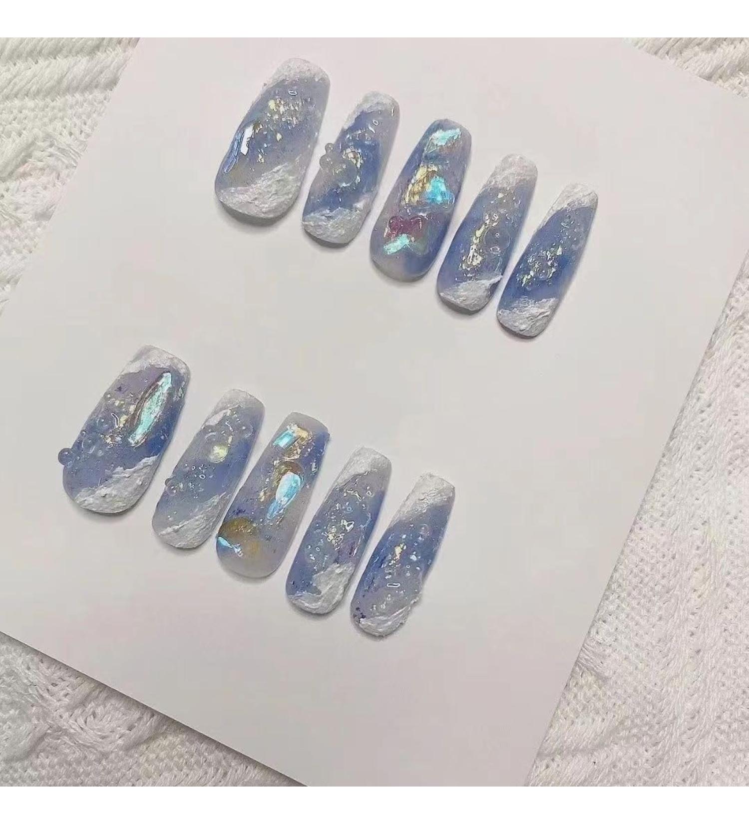 Improvement of Temperament Manicure Patch Manicure Piece Mermaid Ji Ocean Series Wearing a Nail Fake Nails Original Real Shot ice Through The Aurora New Summer (10-Piece Pack) (Size : XS) X-Small