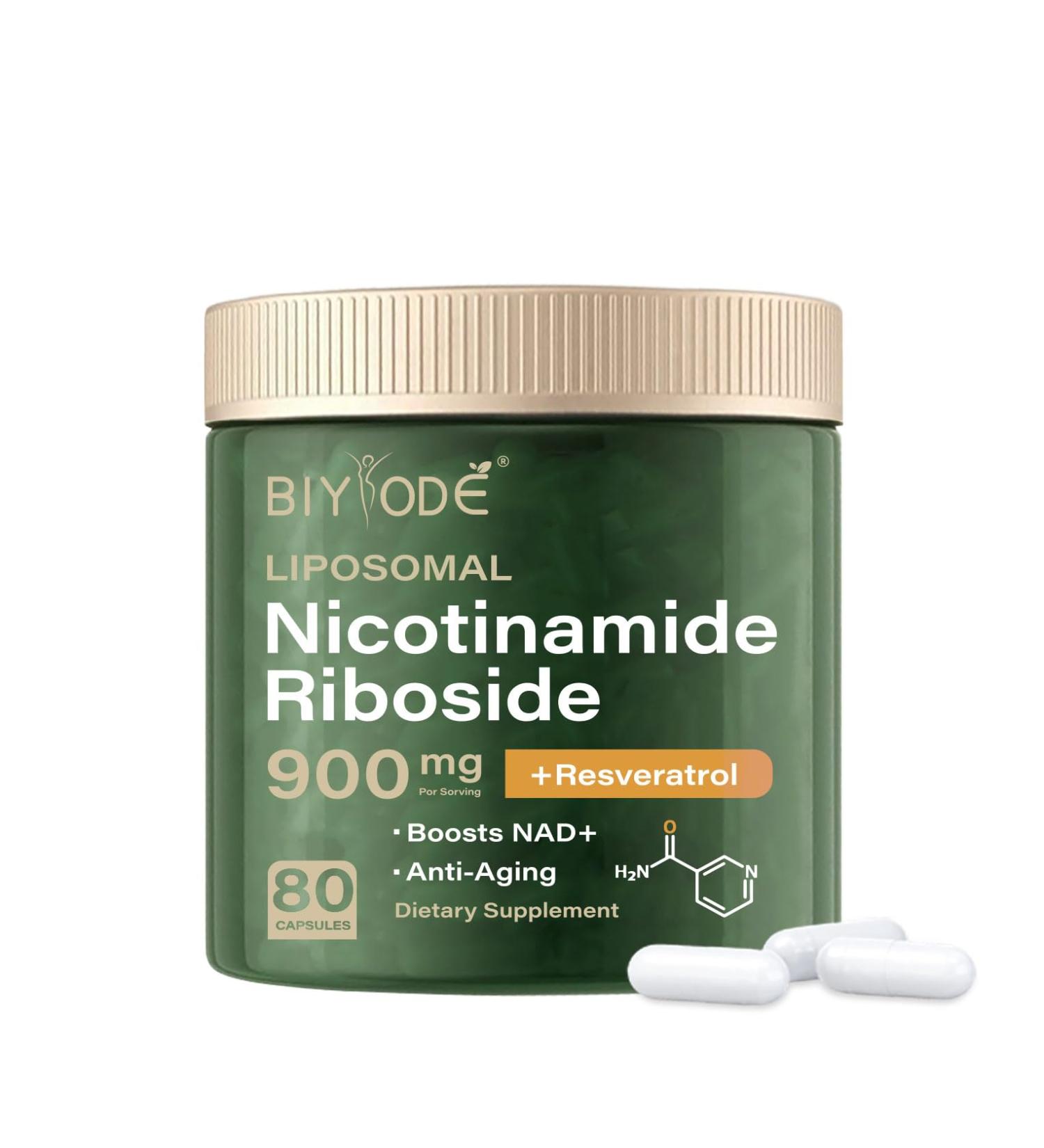 NAD+ Supplement - 900mg Liposomal Nicotinamide Riboside Capsules with Resveratrol & Quercetin 80 Capsules Anti-Aging Energy Focus - Buy Online on GoSupps.com