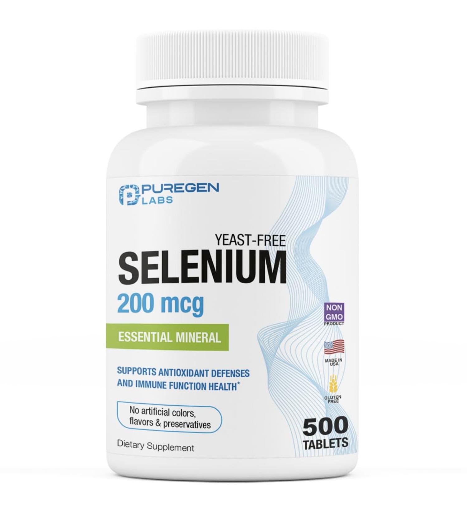 Puregen Labs Selenium 200 mcg Yeast Free Essential Mineral - 500 Vegetarian Tablets | Immune & Antioxidant Support | Non-GMO Gluten Free - Buy Online on GoSupps.com