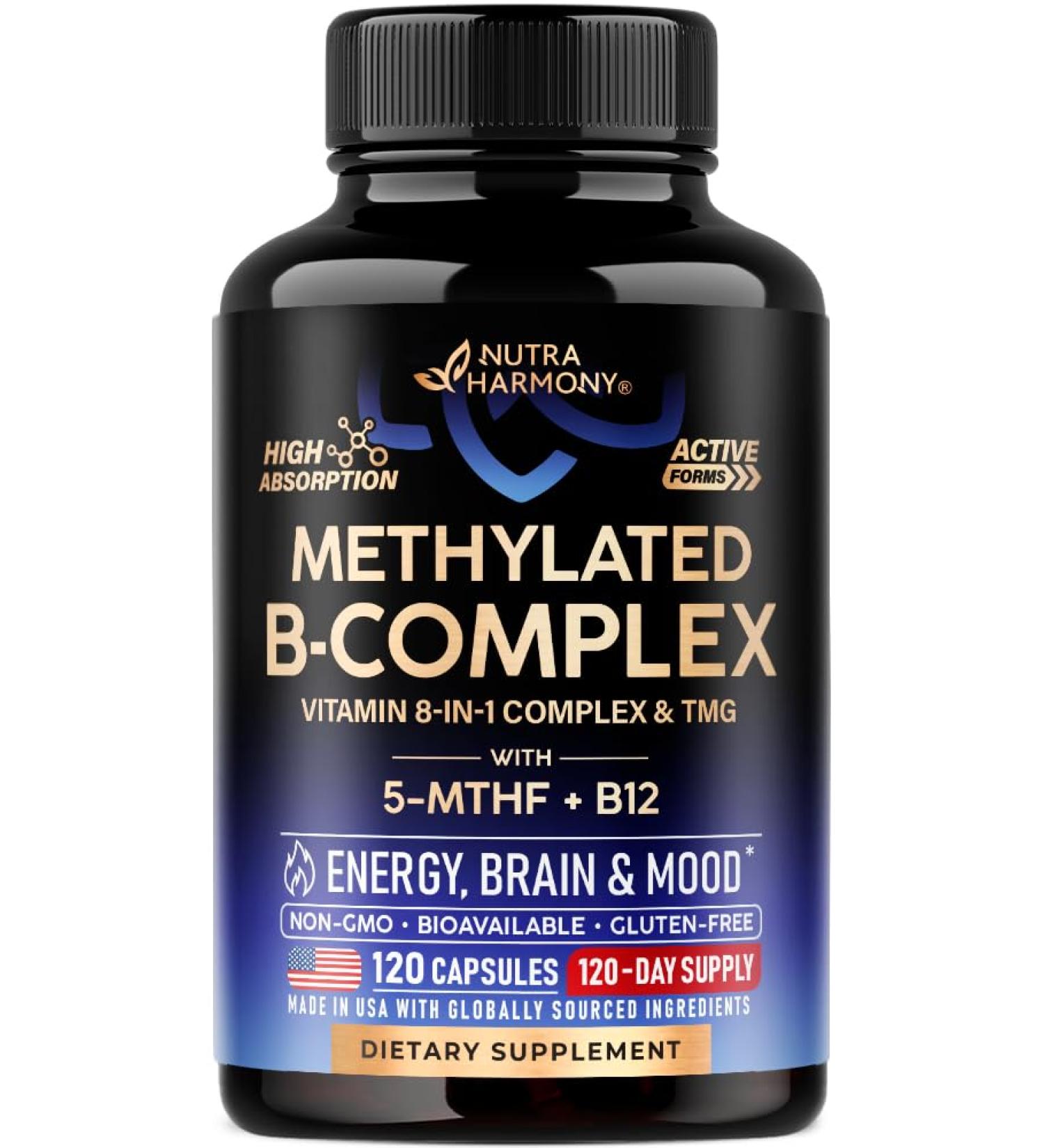 Vitamin B Complex Methylated - B-Complex with Methylfolate & B12 - Bioavailable for Men & Women - 9-in-1 Methylated Multivitamin - Energy Brain & Mood - Vegan - Made in USA - 120 Capsules One/Day - Buy Online on GoSupps.com