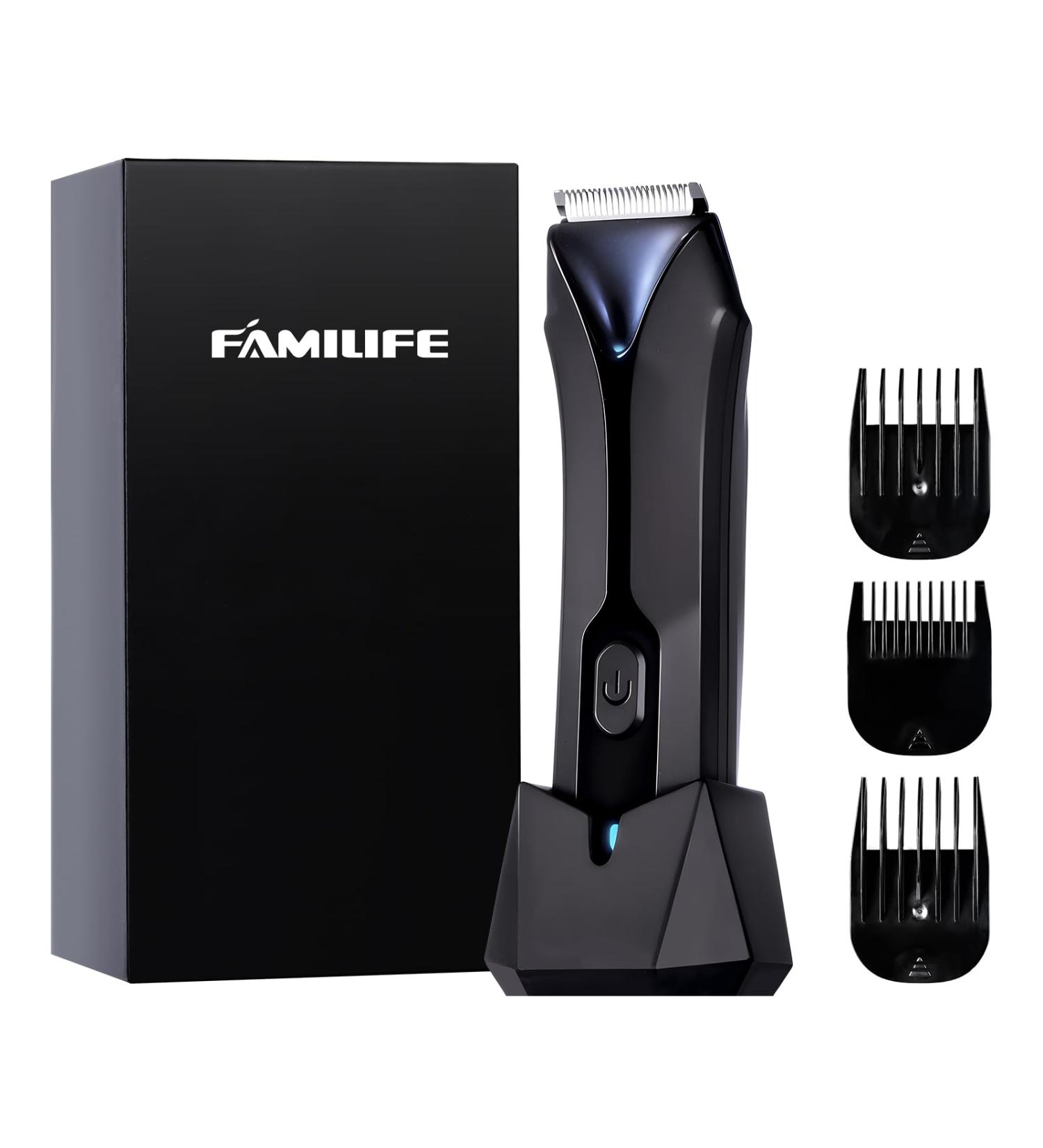 FAMILIFE Body Trimmer for Men - Electric Waterproof Groin & Pubic Hair Trimmer with Replaceable Ceramic Blades - 90 Minutes Usage & Standing Recharge Dock - Buy Online on GoSupps.com