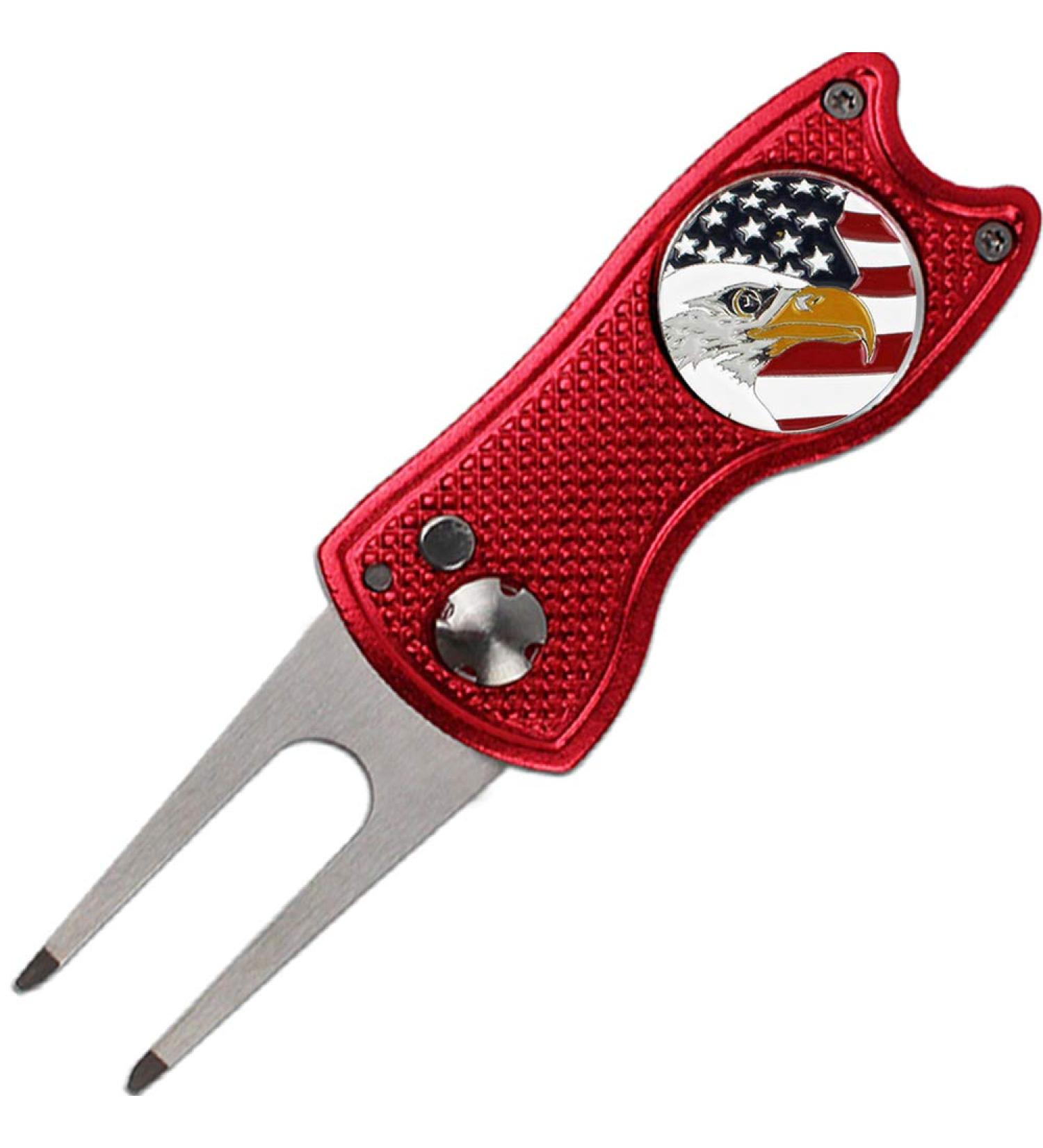 Kaveno Golf Divot Tool - Foldable Stainless Steel Switchblade with USA Ball Marker - Red Eagle Design - Buy Online on GoSupps.com