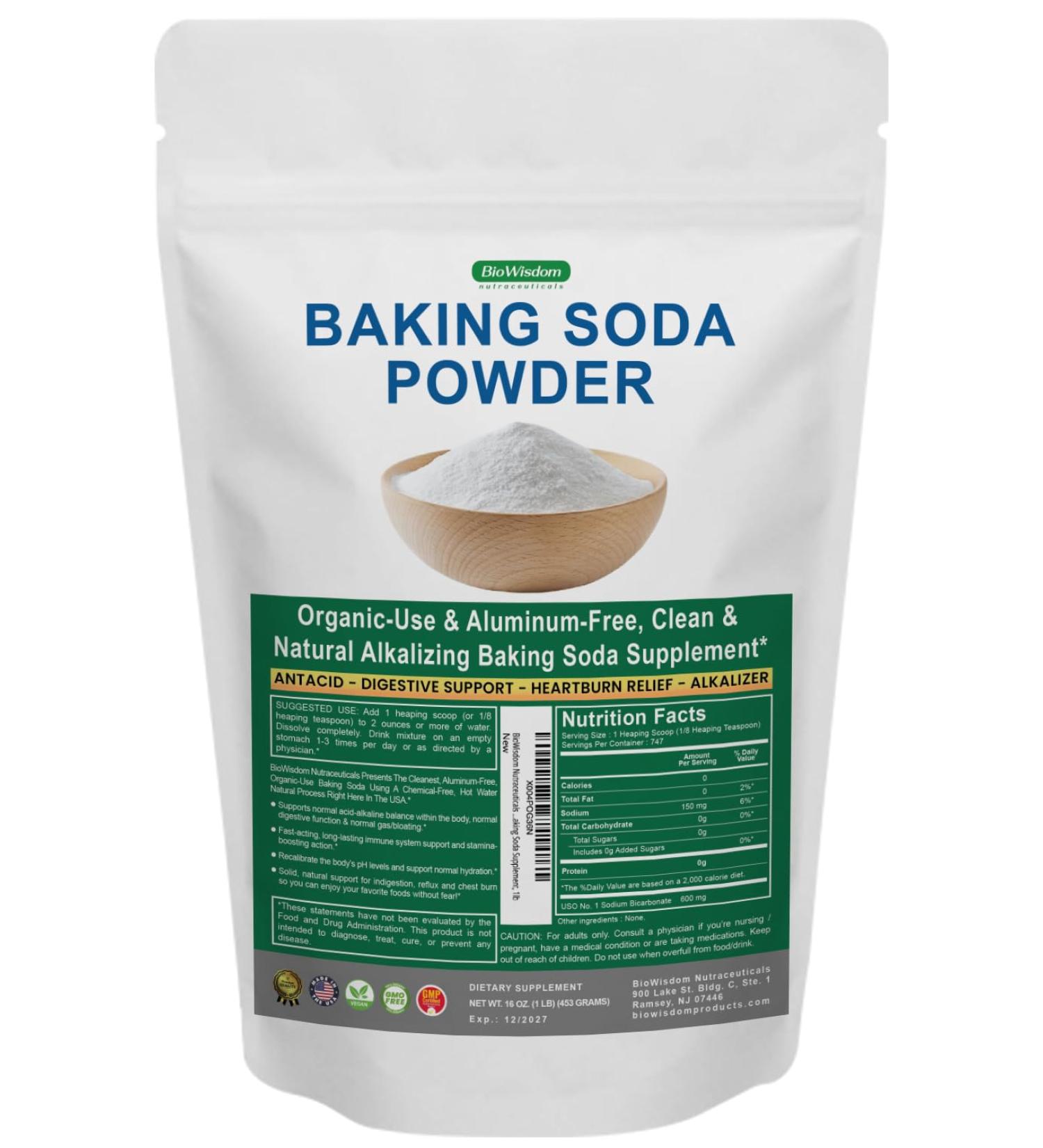 BioWisdom Nutraceuticals Baking Soda Powder for Organic Use, Grade 1 Aluminum Free Baking Soda, Natural No Chemicals, Pure Powder for Cooking, Stomach Acid, Kidney Supplement, 1lb - Buy Online on GoSupps.com