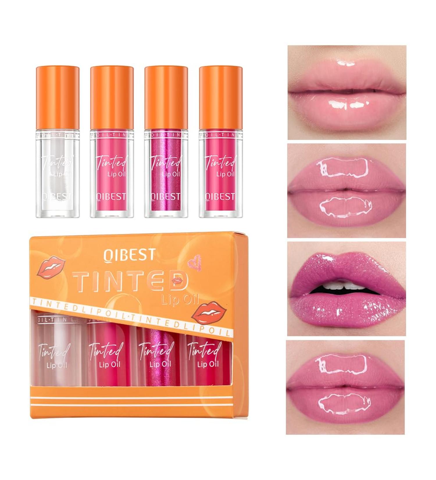 4 Colors Fat Lip Oil Drip - Hydrating Lip Gloss & Oil with Big Brush Head | Moisturizing Non-Sticky & Vegan - Plumping Transparent Lip Glaze (SET A - Buy Online on GoSupps.com