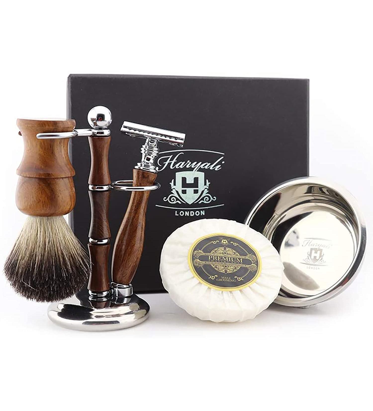 Haryali London 5 Piece Wooden Shaving Set | Double Edge Safety Razor & Badger Hair Brush | Premium Shaving Kit for Men - Buy Online on GoSupps.com