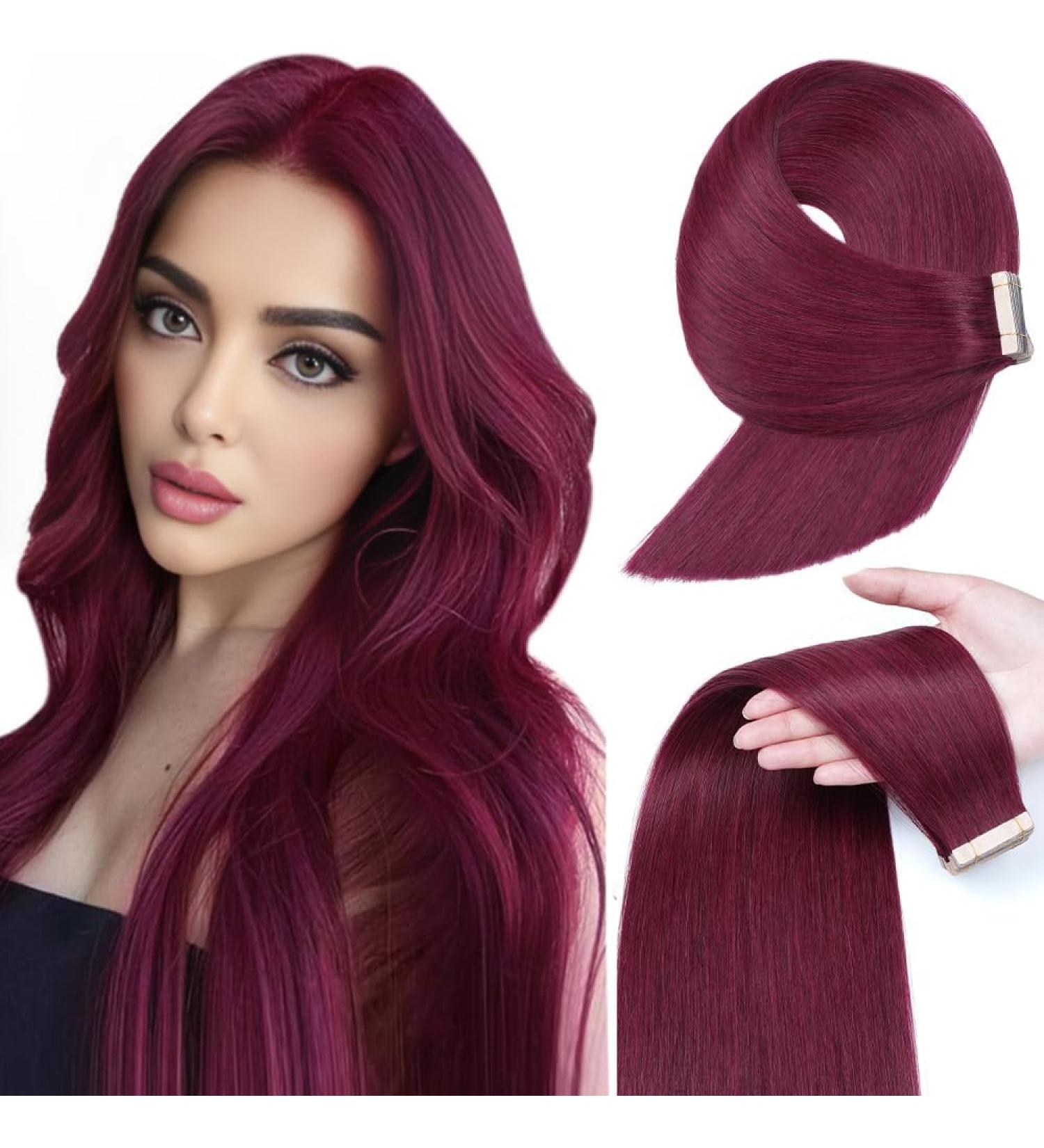 YDDM Tape-In Hair Extensions | 20Pcs 35cm Real Hair in Burgundy - Invisible Skin Weft for Seamless Style - Buy Online on GoSupps.com