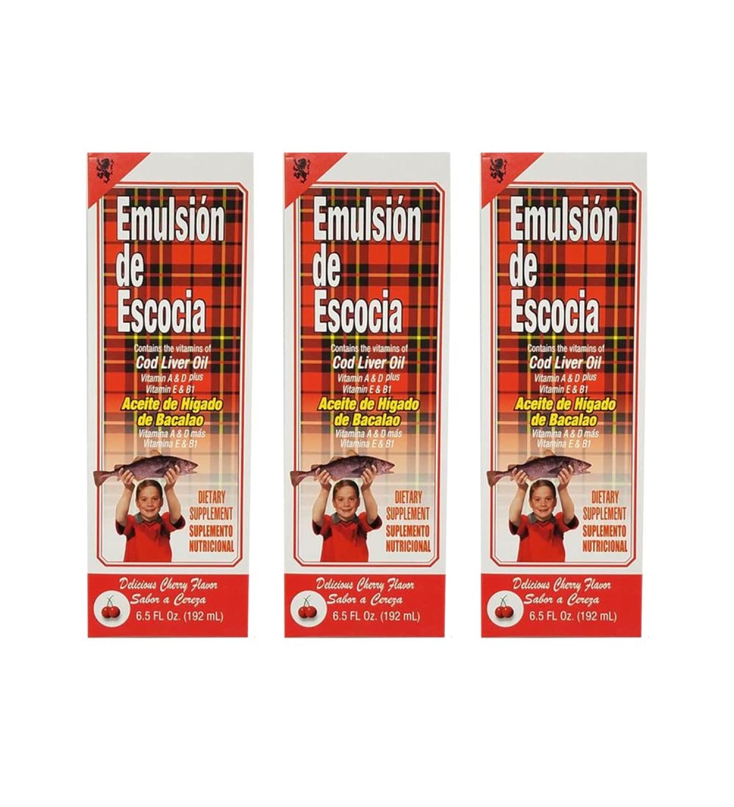 Emulsion de Escocia Cod Liver Oil Dietary Supplement. Rich in Vitamins A D E and B1. Cherry Flavoured. 6.5 Fl Oz / 192 mL. Pack of 3 - Buy Online on GoSupps.com