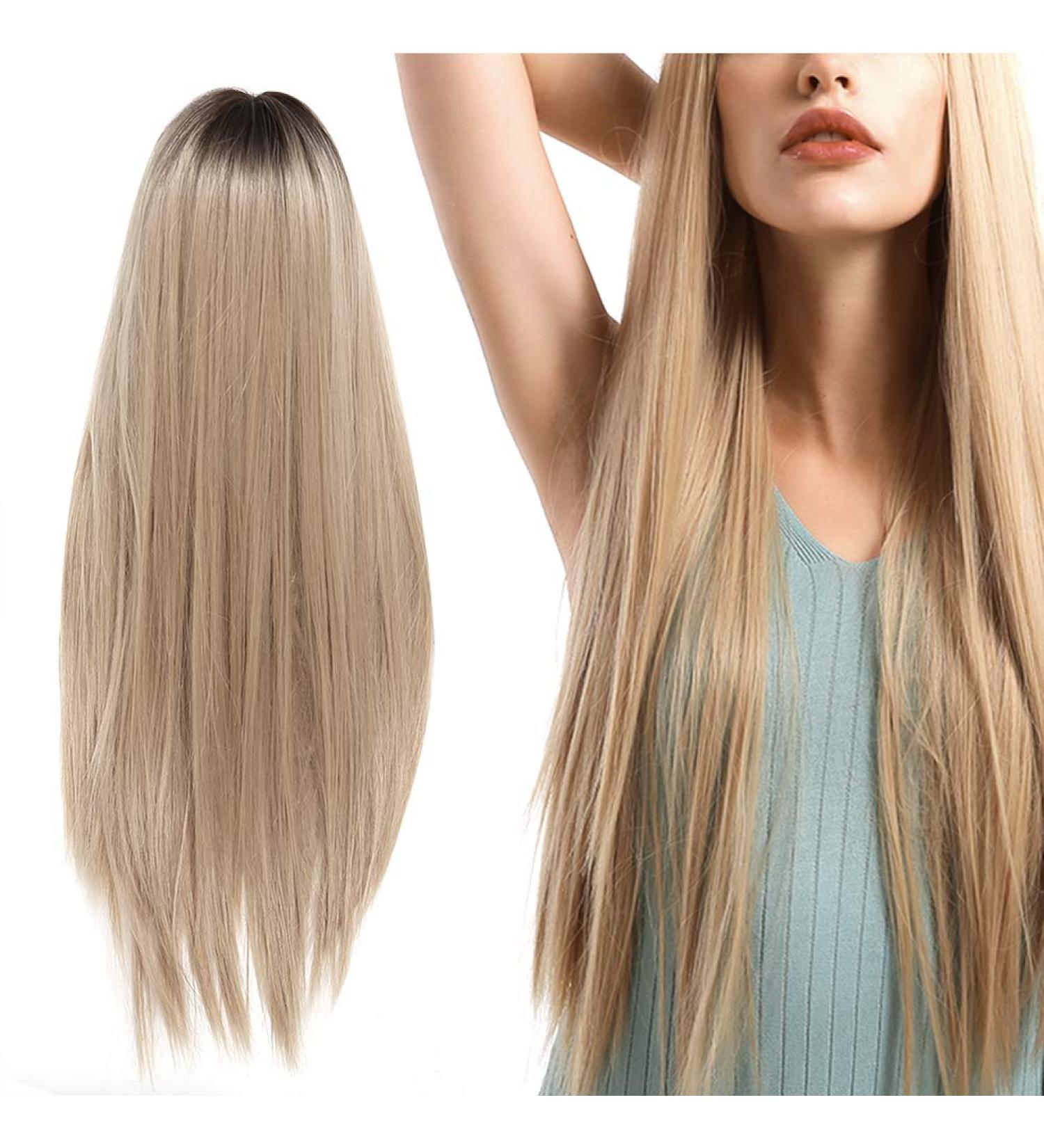 Front Lace Wig with Bangs - Long Straight Blonde 70cm Synthetic Heat-Resistant Hair Wig for Women | International Shipping Available - Buy Online on GoSupps.com