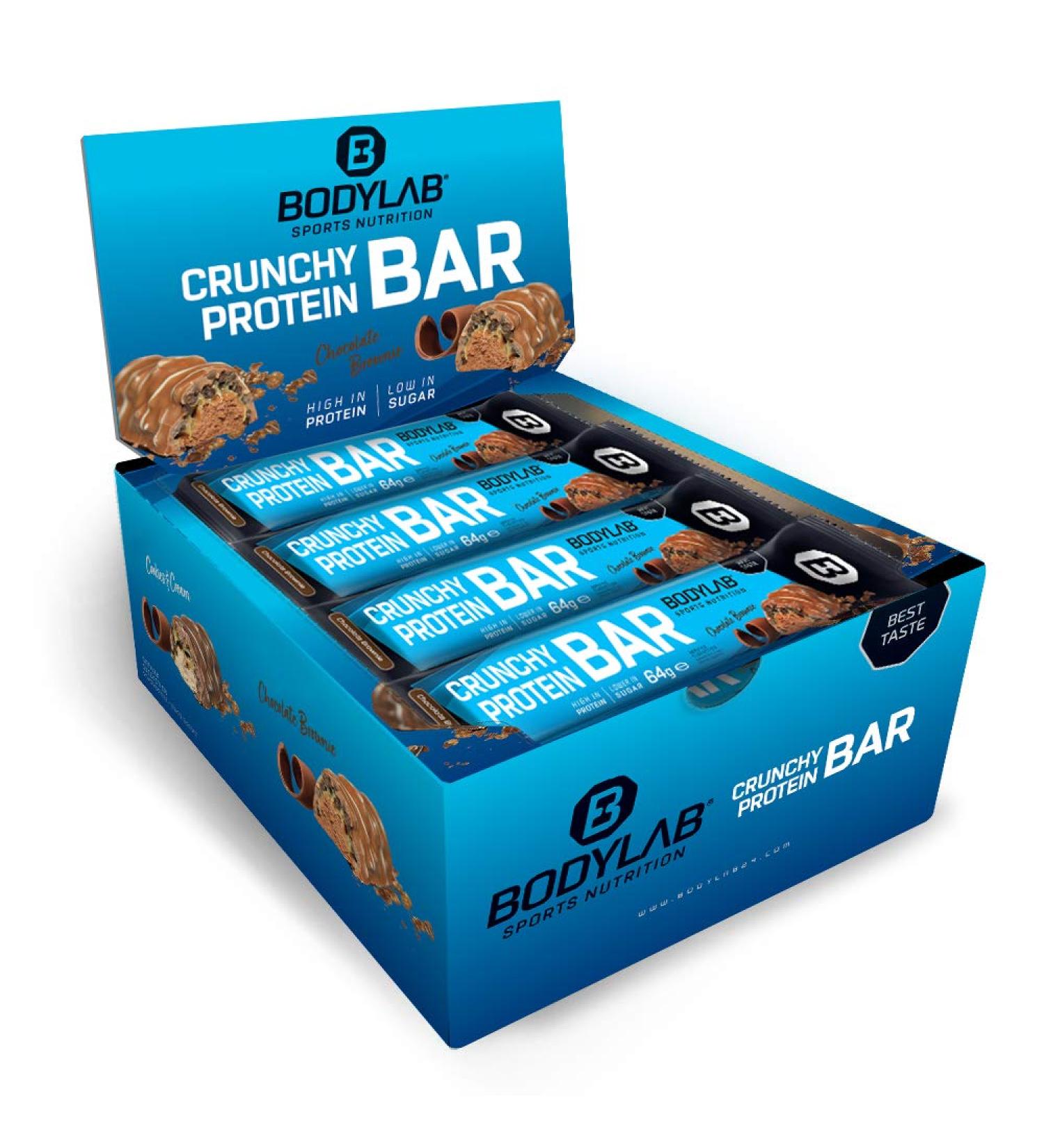 BODYLAB24 Crunchy Protein Bar Schoko Brownie - 12 x 64g | High Protein Low Sugar | 20g Protein Per Bar | Delicious Chocolate Coating - Buy Online on GoSupps.com