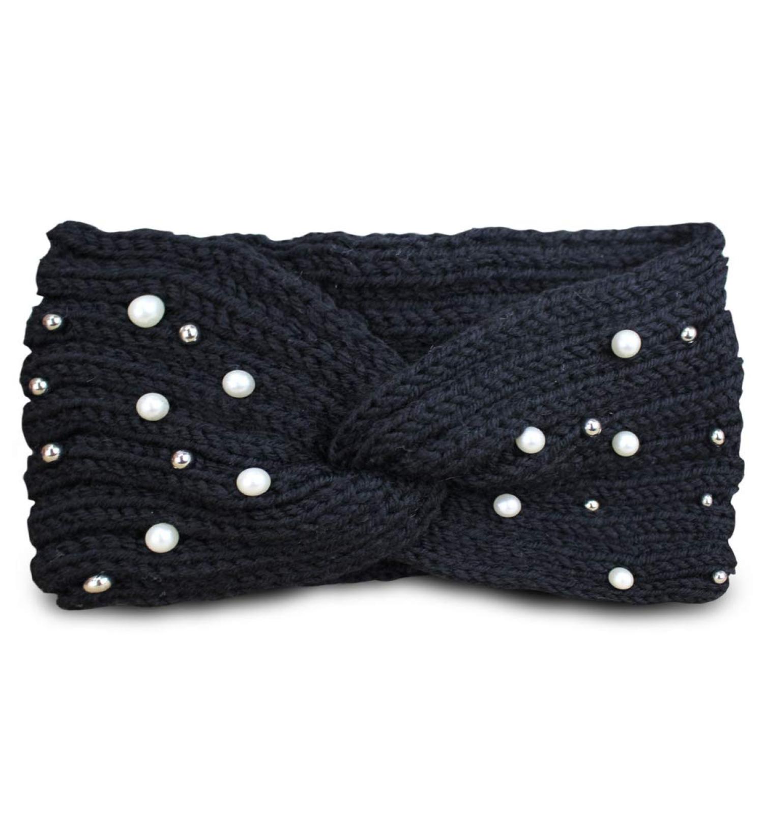 PiriModa women's knitted pearl headband ear warmer winter headband hairband crocheted black