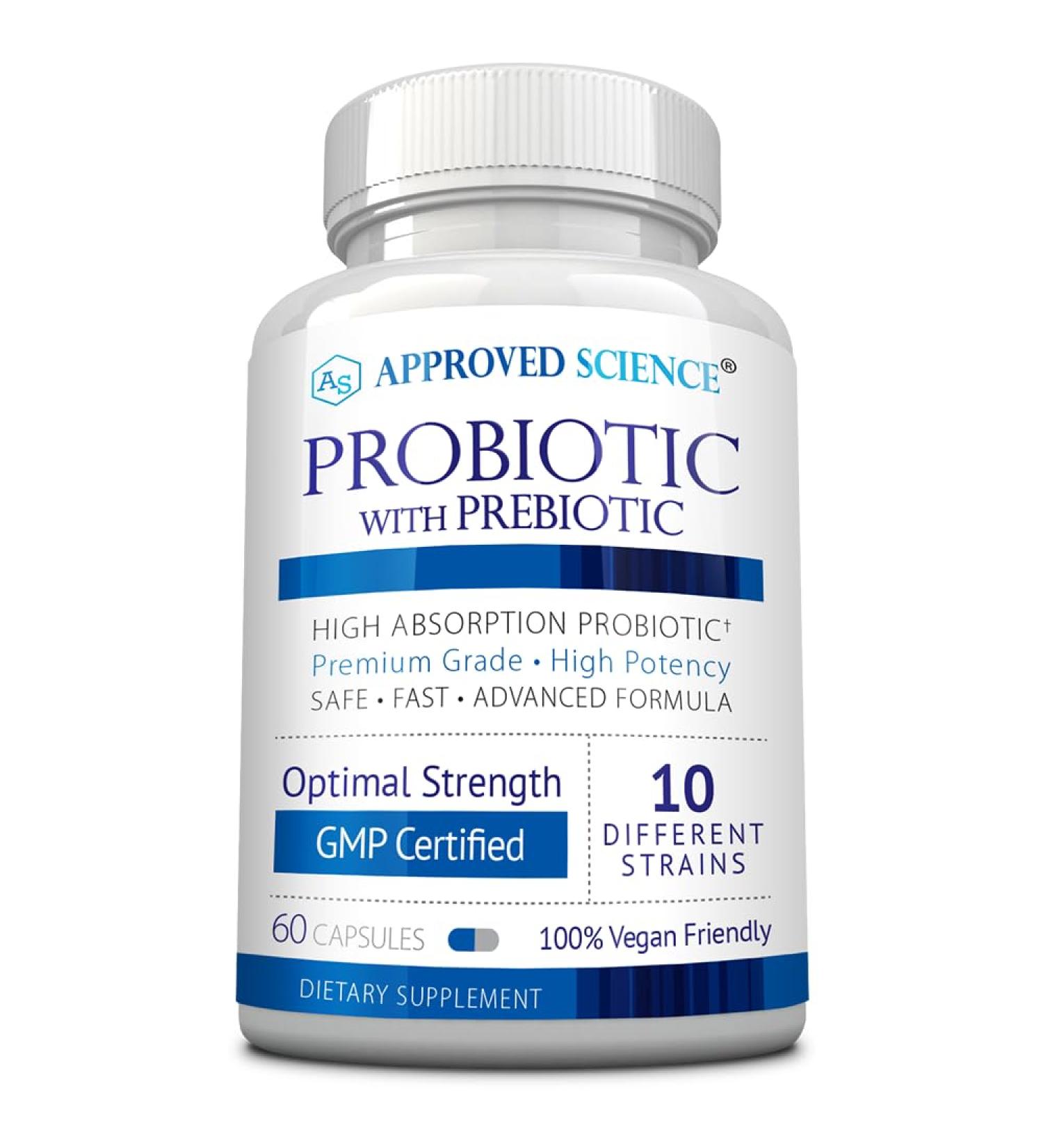 Approved Science Probiotic with Prebiotic - 10 Strains - 25 Billion CFU - 1 Bottle - Vegan 60 Count (Pack of 1) - Buy Online on GoSupps.com