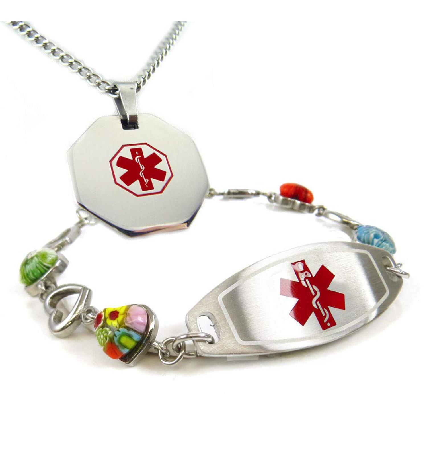 Custom Engraved Medical ID Bracelet & Necklace for Women | Stainless Steel & Colorful Glass Hearts | 7.5" Red - Buy Online on GoSupps.com