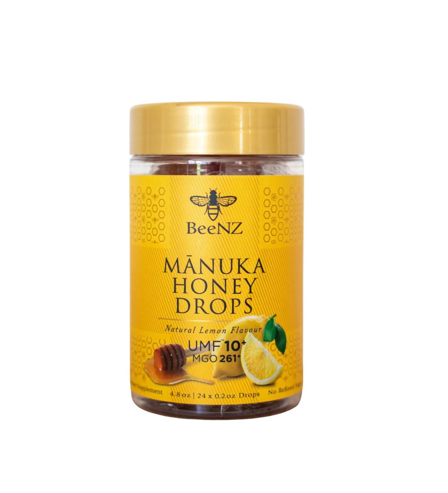 BeeNZ Manuka Honey Drops UMF 10+ MGO 263+ Natural Lemon Flavor with Eucalyptus Oil and Menthol 24 Individually Wrapped Drops