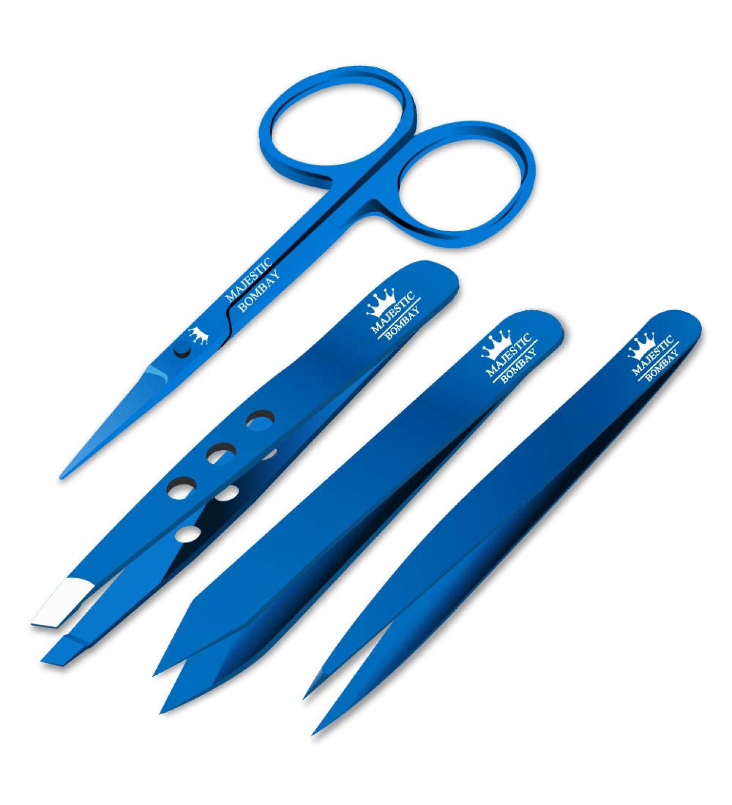 Precision Stainless Steel Grooming Set - Professional Luxury Tweezers & Nail Scissor in Titanium Blue - Ideal for Ingrown Hair, Eyebrows, Nose, Facial Hairs, Splinters - Buy Online on GoSupps.com