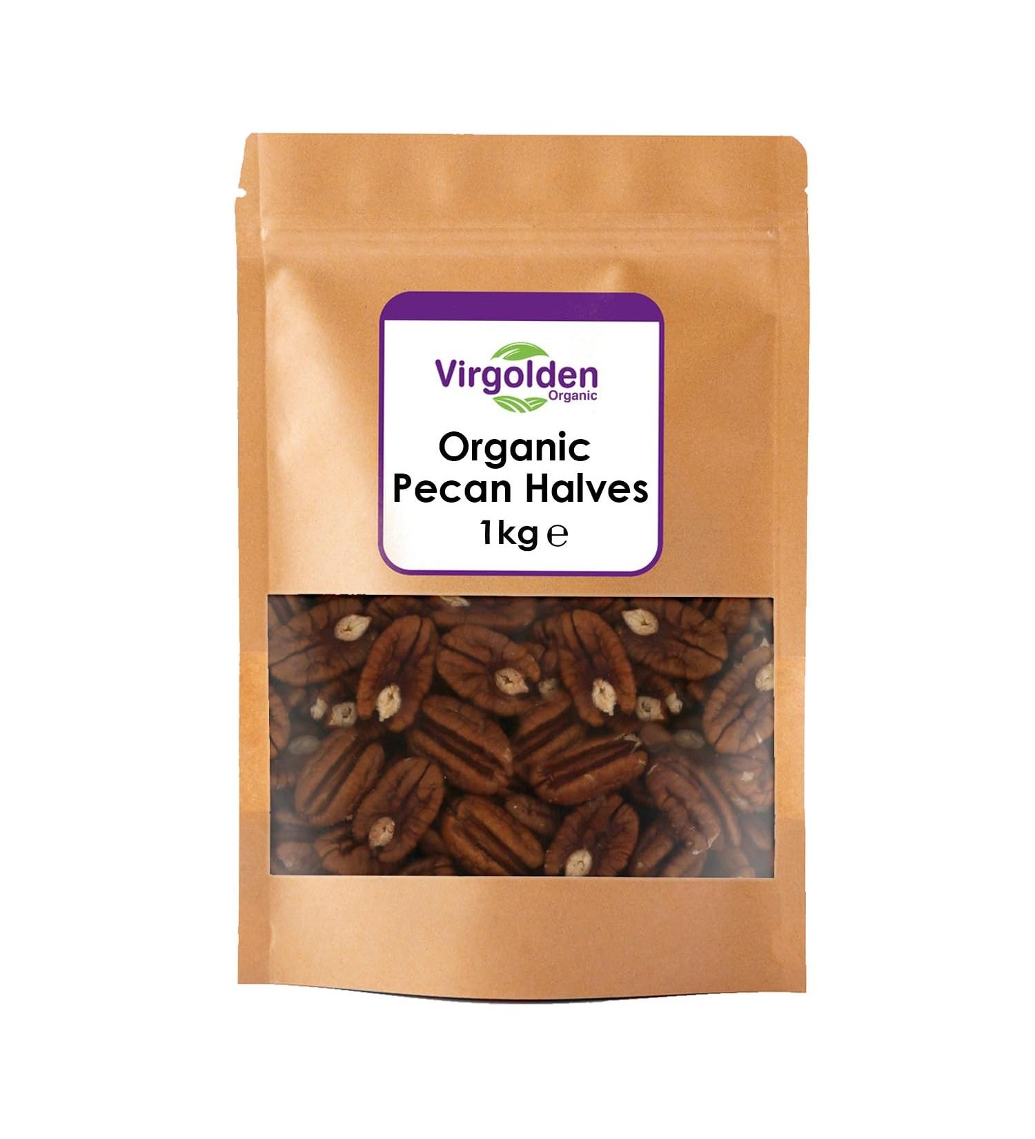 Organic Pecan Halves 1kg by Virgolden Organic - Organic Raw Pecan Nuts Healthy Protein Food Snack Delicious Snack Perfect for Baking and Cooking Certified Organic - Buy Online on GoSupps.com