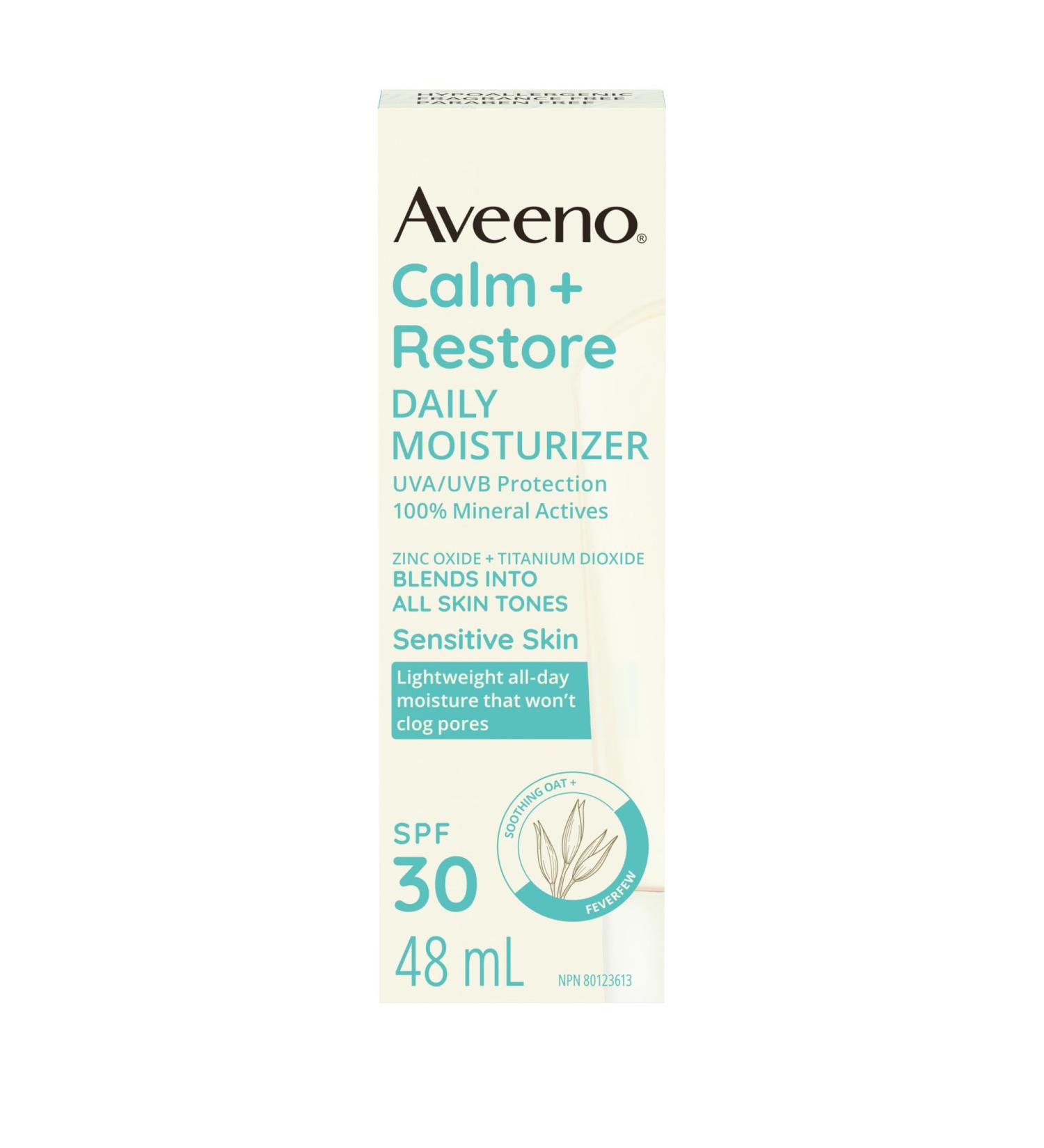 AveenoCalm + Restore Daily Moisturizer SPF 30 100 Mineral Actives Broad Spectrum Non-comedogenic Sensitive Skin Oat Hypoallergenic Fragrance Free 48-mL - Buy Online on GoSupps.com