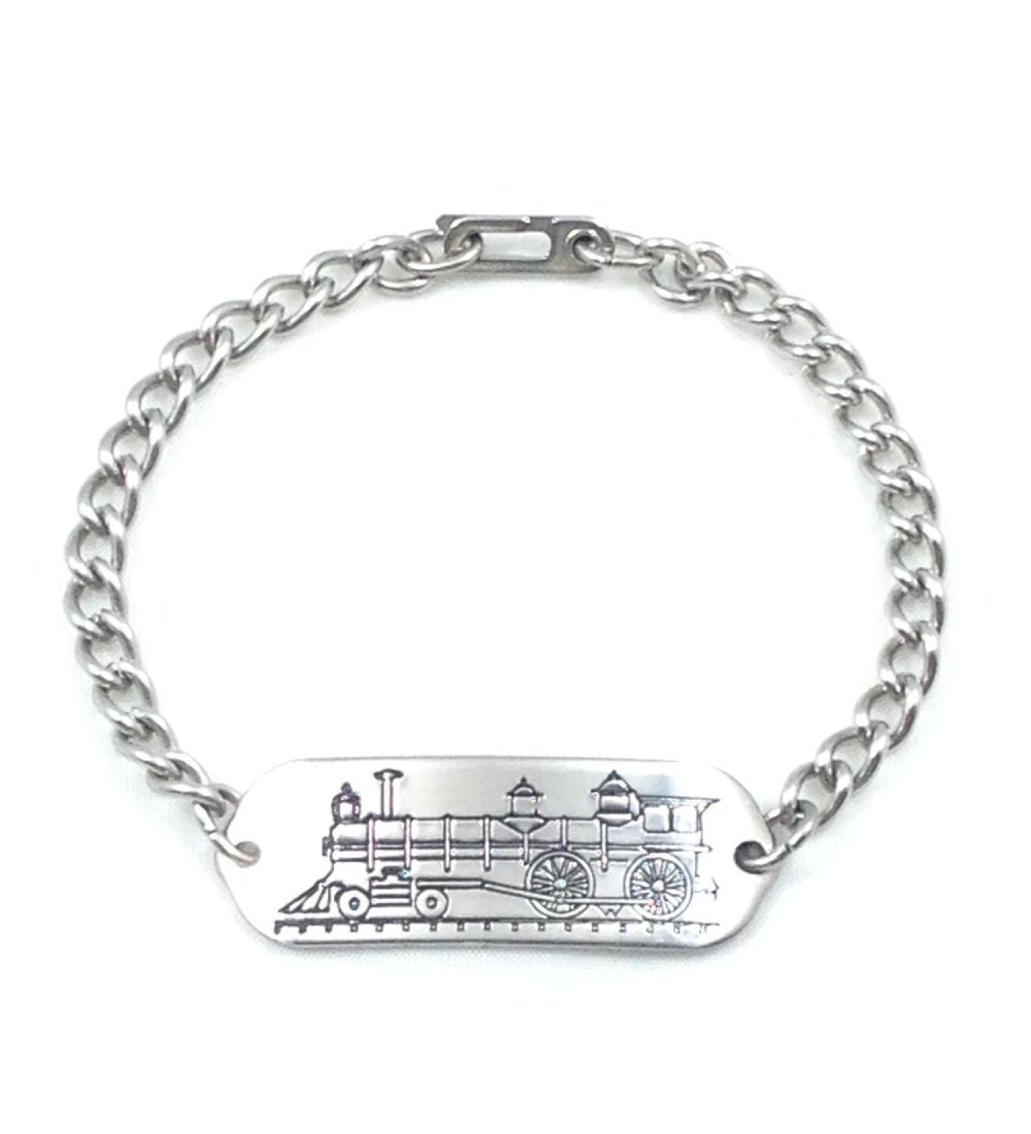 Locomotive ID Bracelet IDB-05SH - with Sister Hook Clasp - Stainless Steel - Personalized Engraving - Customized Bracelet Length - Child Youth or Adult