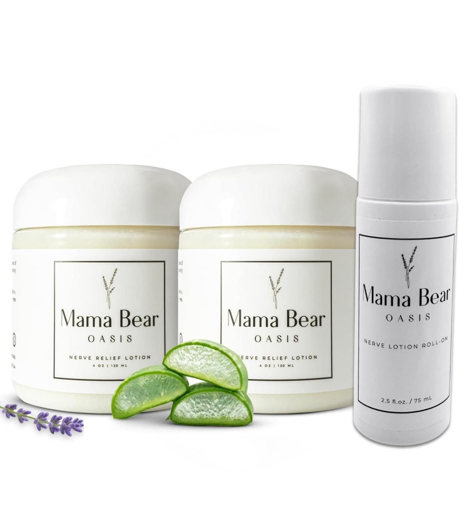 Mama Bear Oasis Comfort Bundle Magnesium Lotion (2 pk) + Roll On Nerve Support | Fast Absorbing Non-Greasy Relief with Natural Ingredients Hydrating Cream for Feet Legs toes & Nerve Support - Buy Online on GoSupps.com