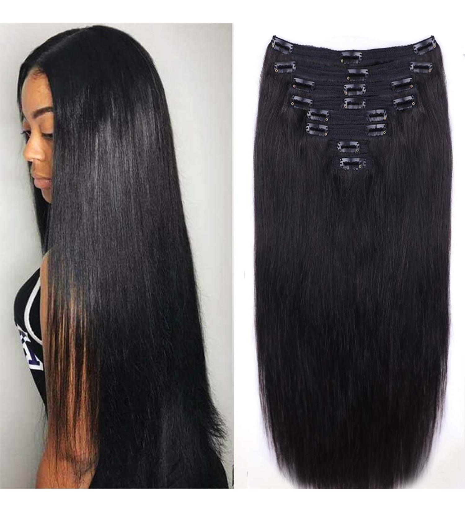 22 Inch Straight Human Hair Clip in Extensions for Black Women - 100% Unprocessed Brazilian Virgin Hair, Natural Black Color - 8Pcs, 18Clips, 120g - Buy Online on GoSupps.com