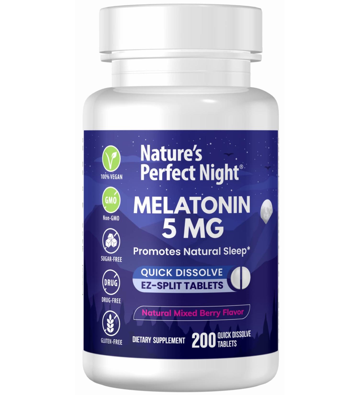Nature's Perfect Night | Melatonin 5mg | 200 Quick Dissolve Tablets | Natural Mixed Berry Flavor |Preferred Potency | Sugar Free | Vegan | Gluten Free | Value Size - Buy Online on GoSupps.com