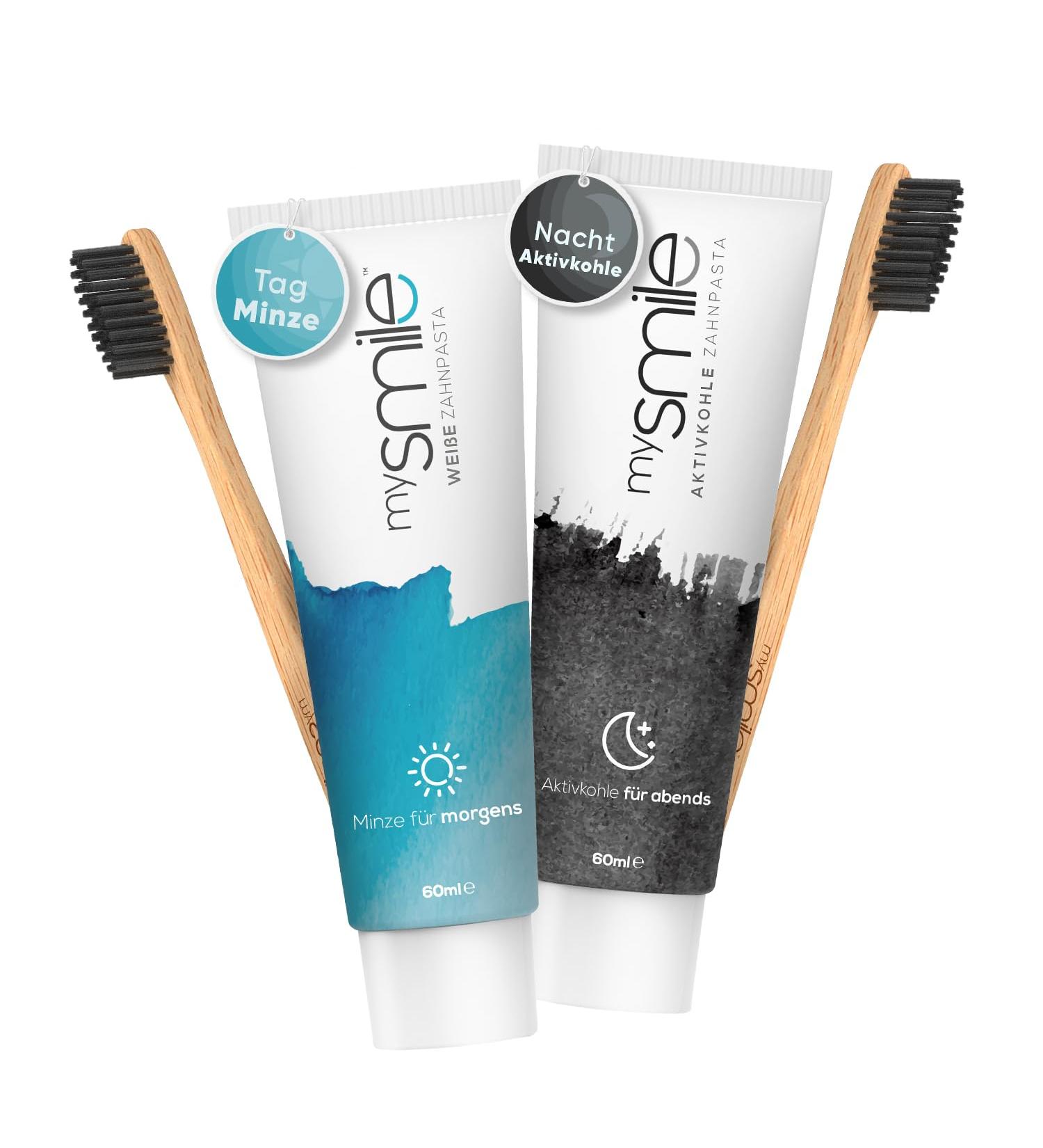Activated Carbon Toothpaste & Bamboo Toothbrush Set - Fluoride-Free Teeth Whitening - MySmile 2x60ml Day & Night Whitening Solution - Buy Online on GoSupps.com