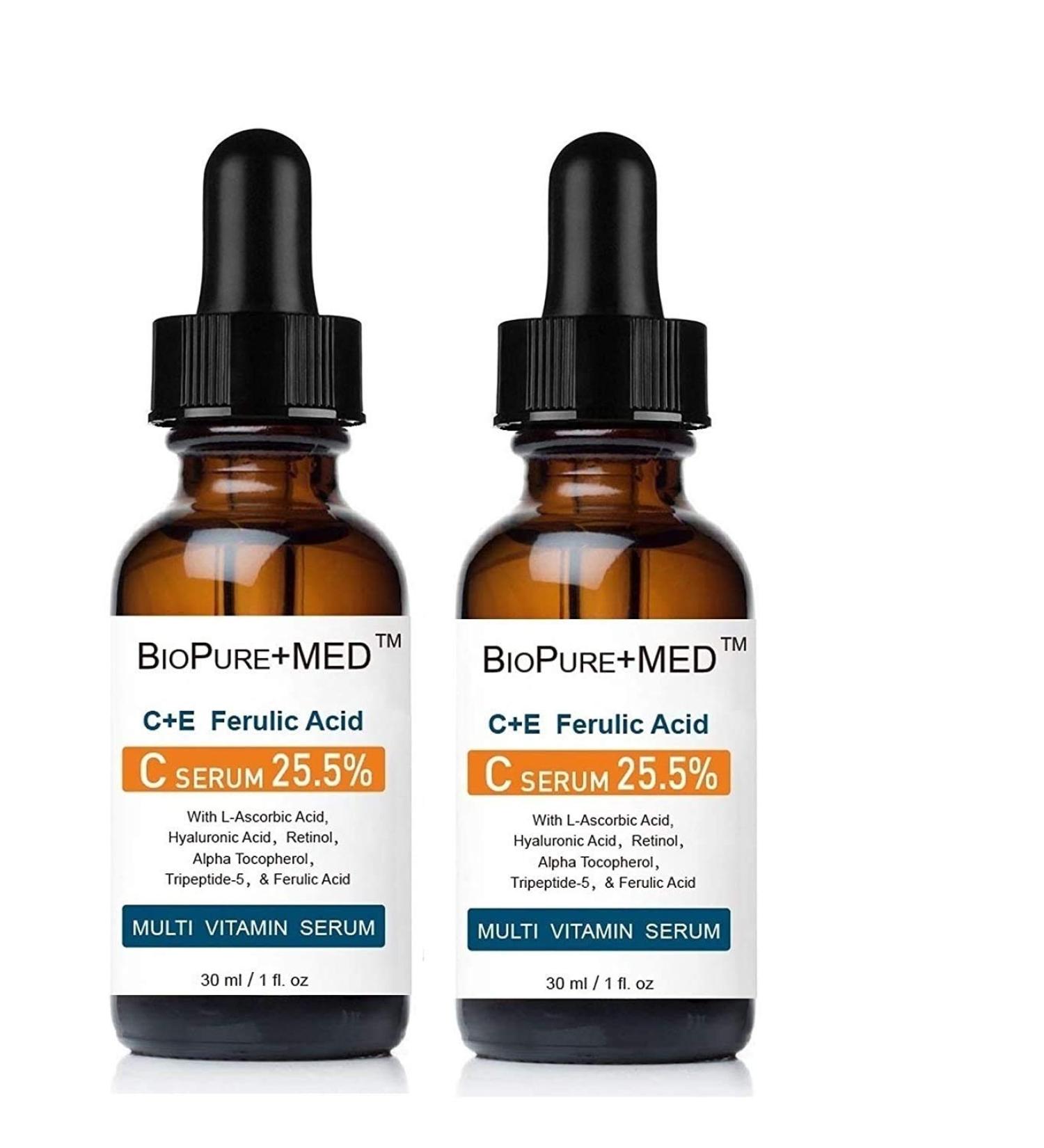 BioPureMED 25% Vitamin C Serum with Ferulic Acid & Tripeptide-5 | Anti-Wrinkle Face Moisturizer - Best Korean Organic Formula (2 Pack - Buy Online on GoSupps.com
