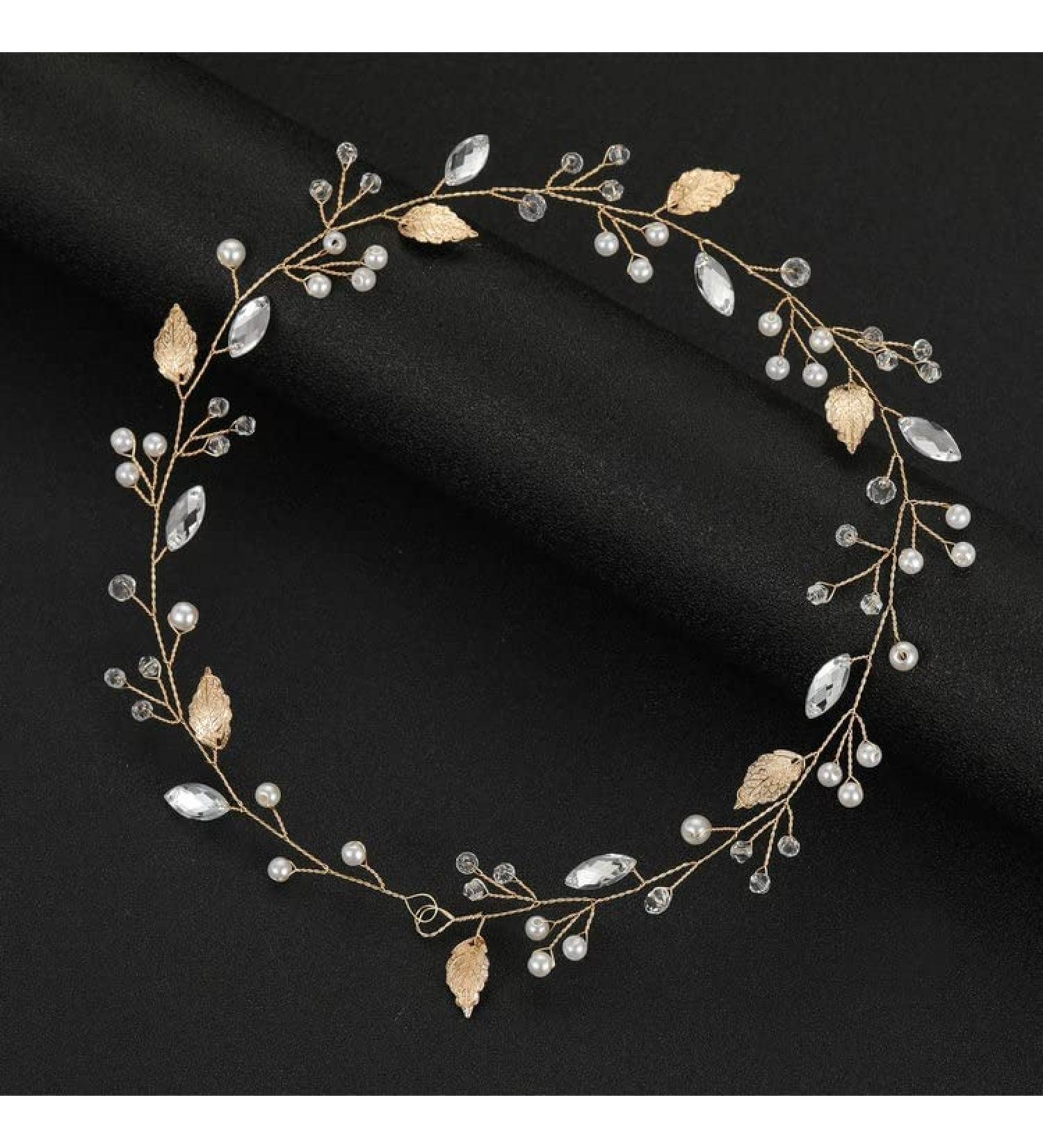 VMila Bride Leaf Pearl Hair Band - Bridal Wedding Accessories | Bridesmaid Flower Crown Headband - Prom Hair Accessory in Gold - Buy Online on GoSupps.com