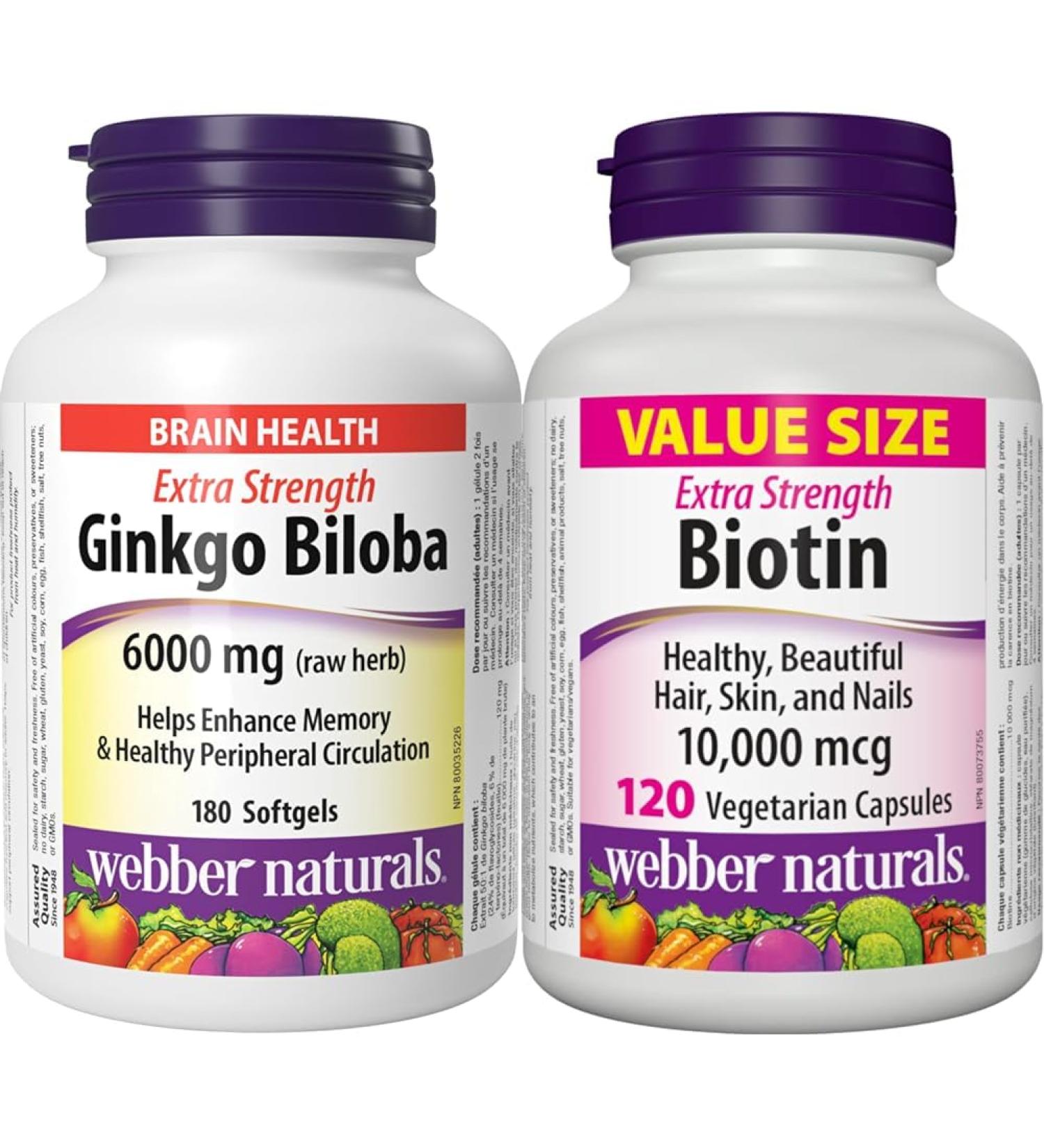 Webber Naturals Ginkgo Biloba 6000 mg 180 Softgels Helps Enhance Cognitive Function and Memory & Biotin 10 000 mcg Extra Strength 120 Capsules Softgels + Biotin 10 000 mcg - Buy Online on GoSupps.com