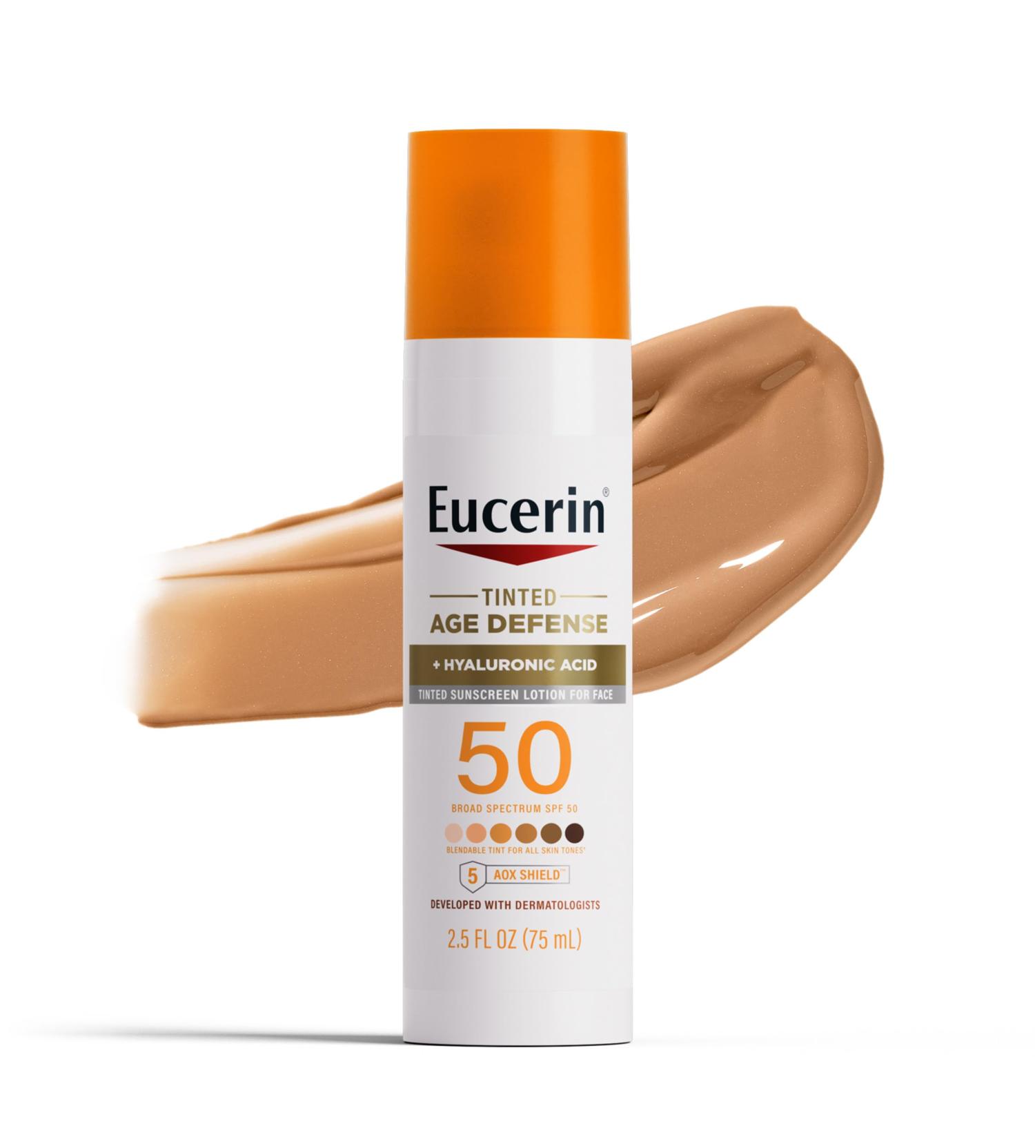 Eucerin Sun Tinted Age Defense Face Sunscreen Lotion SPF 50 with Hyaluronic Acid Tinted Sunscreen for Face Blendable Tint for All Skin Tones Non Comedogenic and Hypoallergenic 2.5 Fl Oz Bottle - Buy Online on GoSupps.com