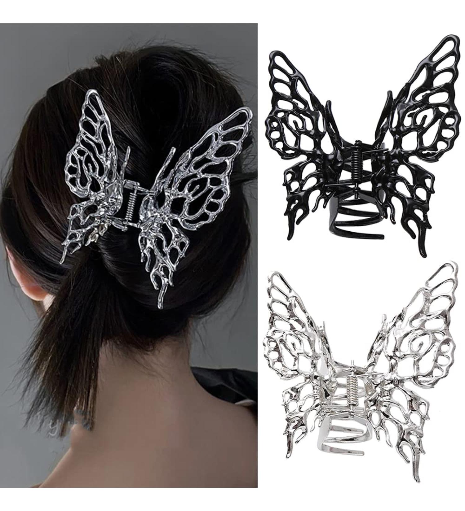 2 Pack Butterfly Metal Large Hair Claw Clips for Women - Retro Black/Silver Hair Jaw Clips - Strong Hold for Thick Hair - Fashionable Hair Accessories for Girls - Buy Online on GoSupps.com