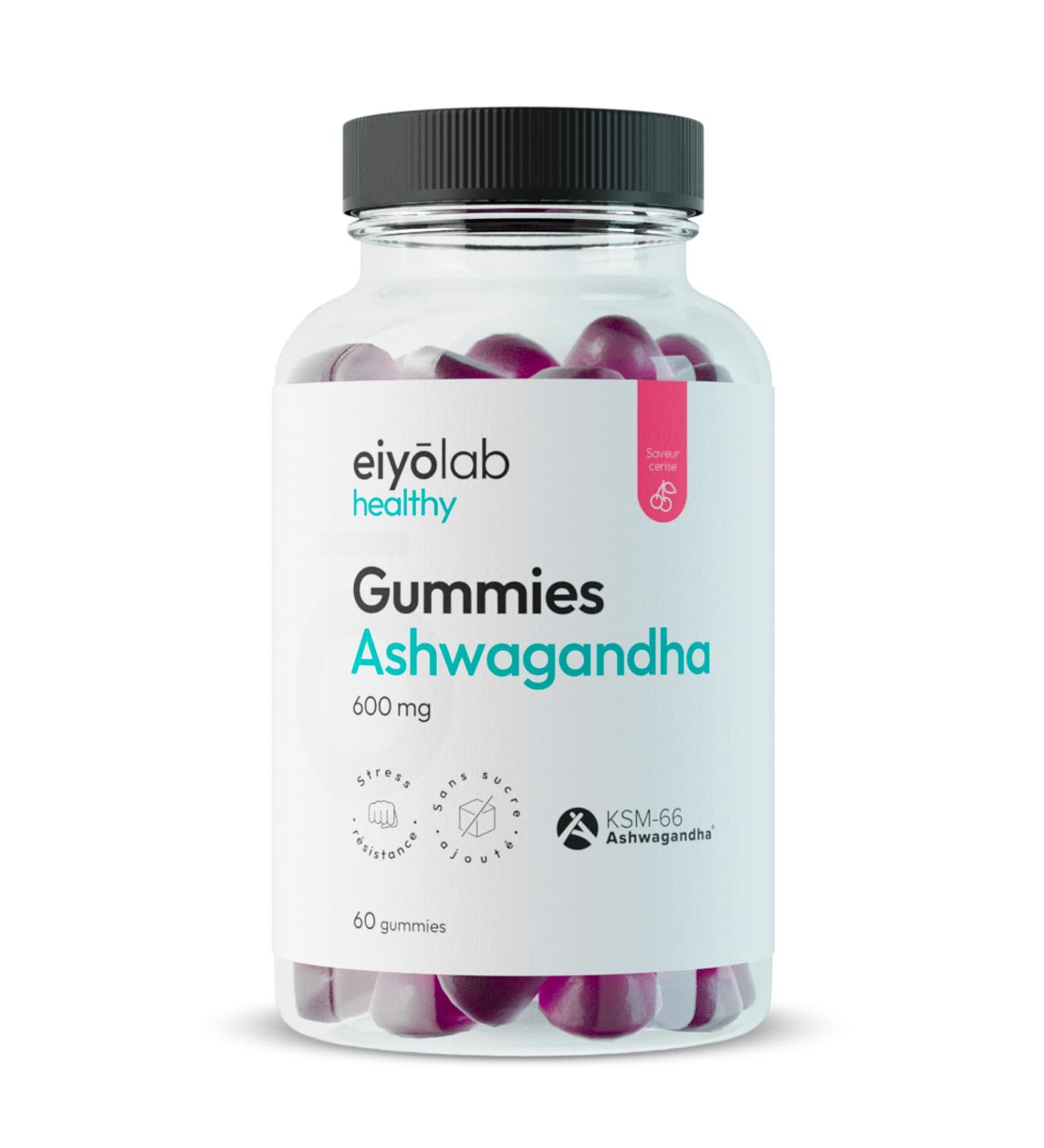 Gummies Ashwagandha 600 mg | Ashwagandha Brevet KSM-66 | Bien tre Physique et Mental | +11 7% de VO2 max en 2 Mois | 60 Gummies Go t Cerise | Vegan et Sans G latine | Made in France | Eiyolab - Buy Online on GoSupps.com