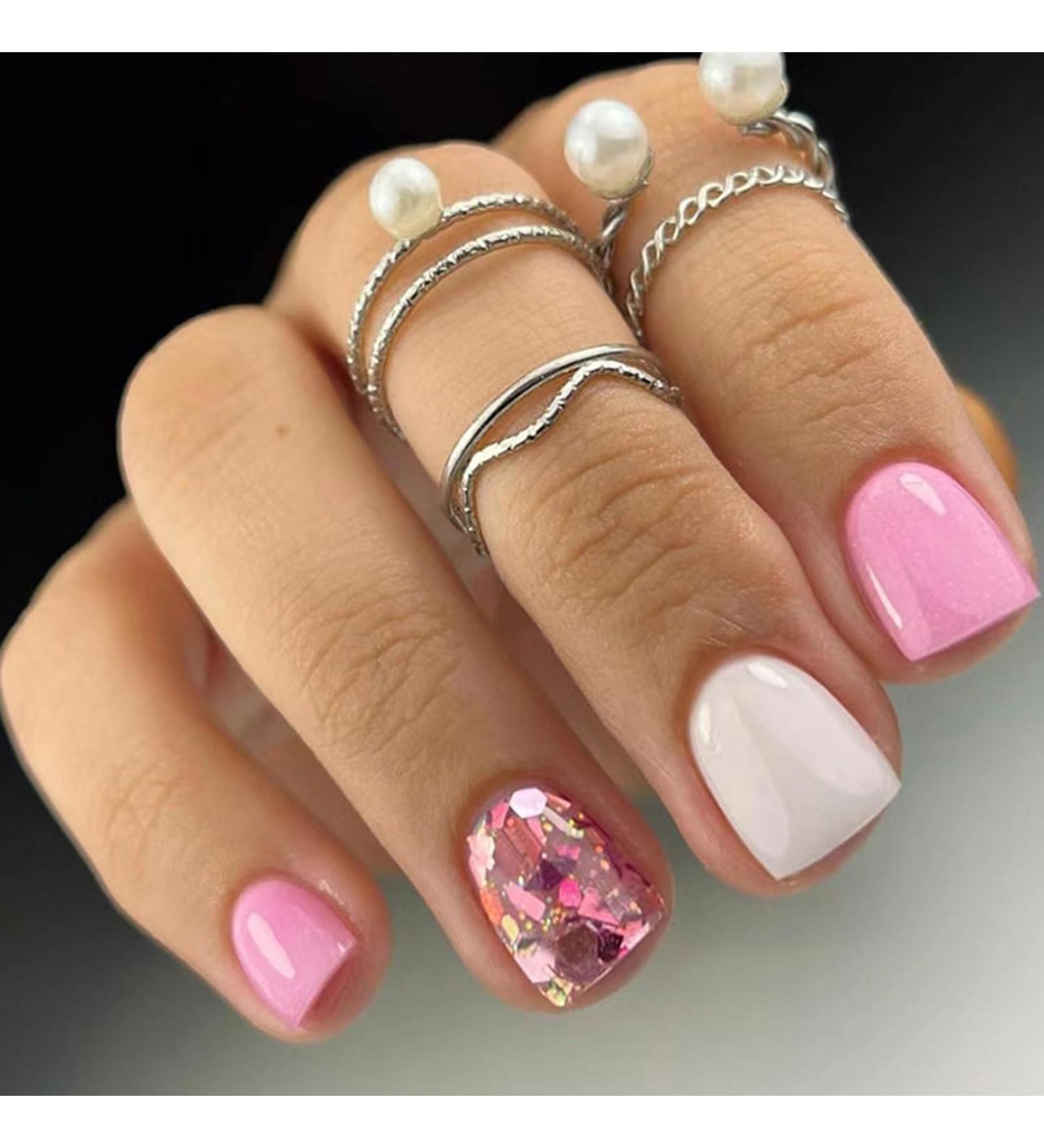 24Pcs French False Nails Short Square Pink White Glitter Designs - Acrylic Full Cover Fake Nails for Women - Nail Art Accessories - Buy Online on GoSupps.com