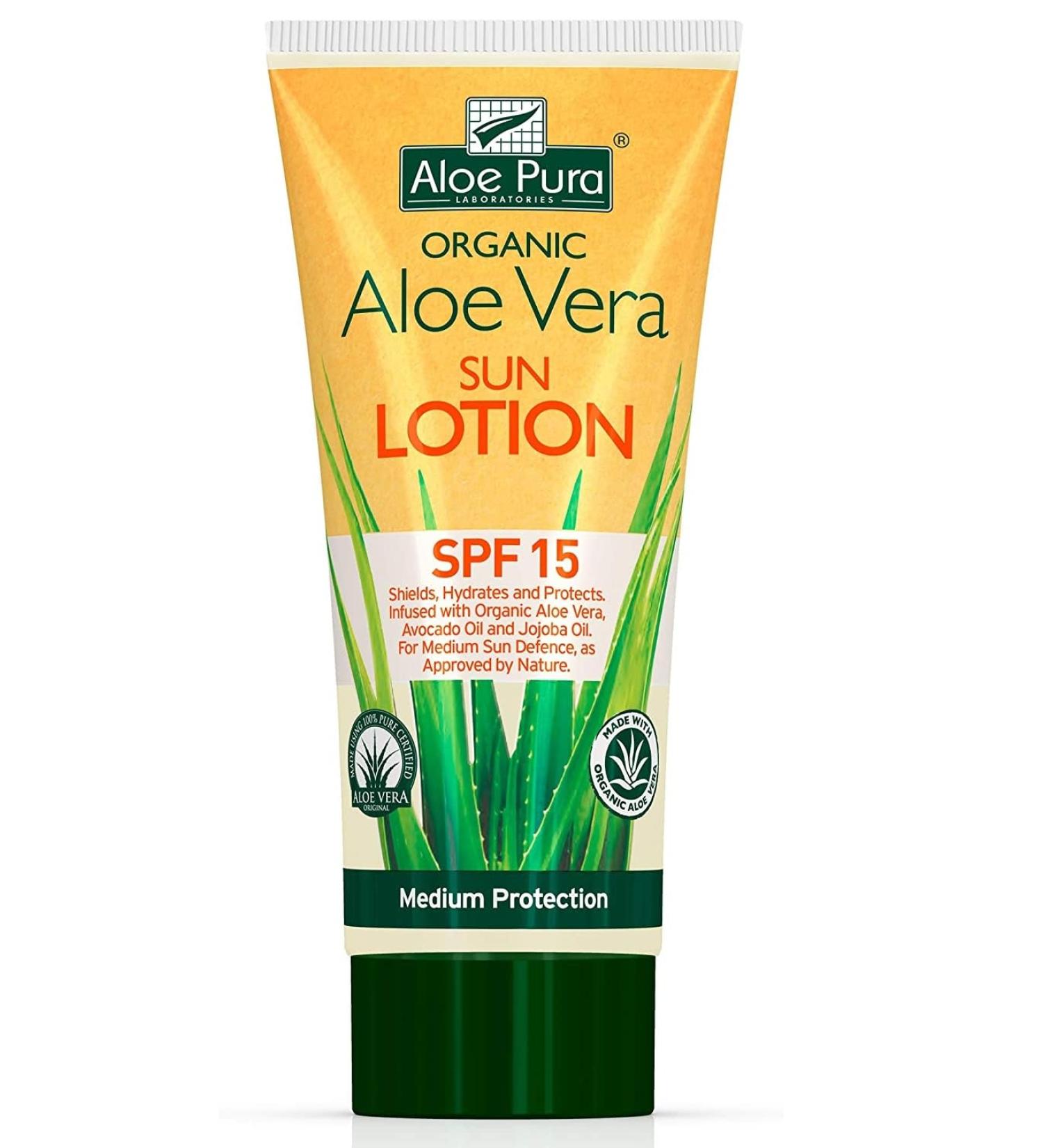 Aloe Pura Organic Aloe Vera Sun Lotion SPF 15 - 200ml | Natural, Vegetarian, Cruelty-Free | Paraben & SLS Free | Long-Lasting Shield for Medium Protection - Buy Online on GoSupps.com