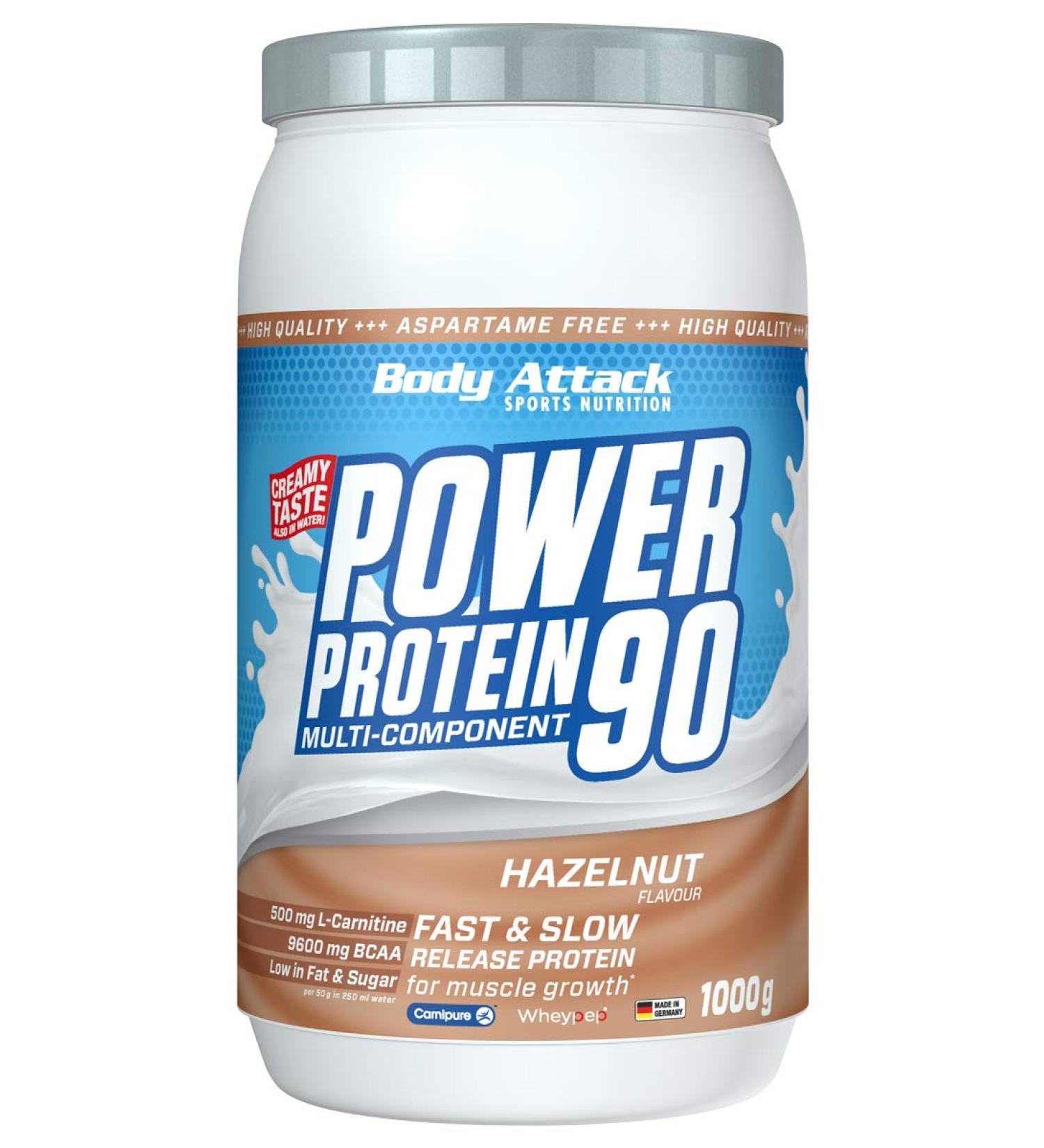 Body Attack Power Protein 90 - Hazelnut 1kg | Multi-Component Protein Powder with BCAA Vitamins & L-Carnitine - Made in Germany - Extra Creamy Protein Shake - Buy Online on GoSupps.com