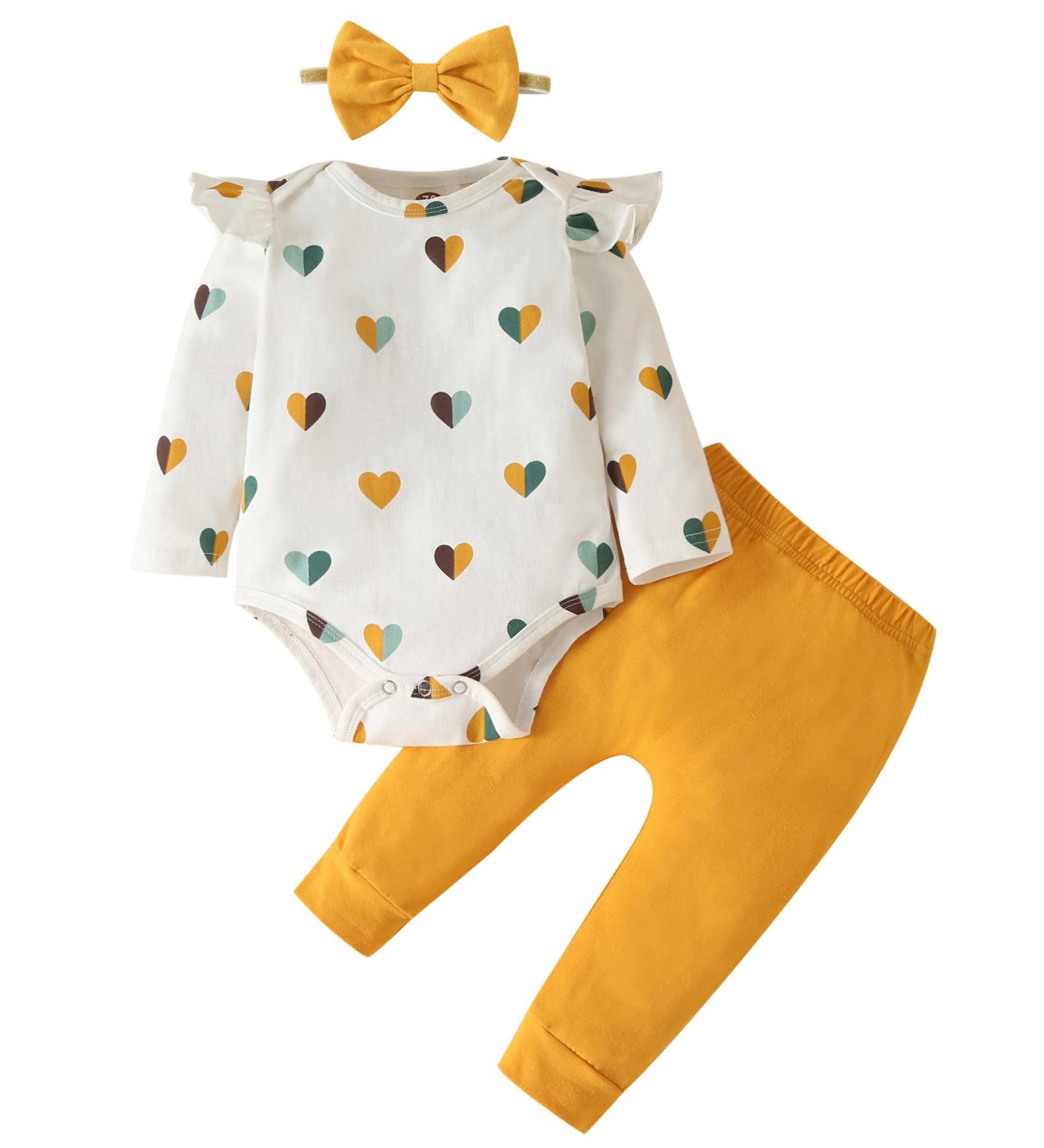 Koonde Baby Girl 3-Piece Outfit Set | Romper, Trouser & Headband | Newborn to 24 Months | Cream Heart & Yellow | 0-3 Months - Buy Online on GoSupps.com