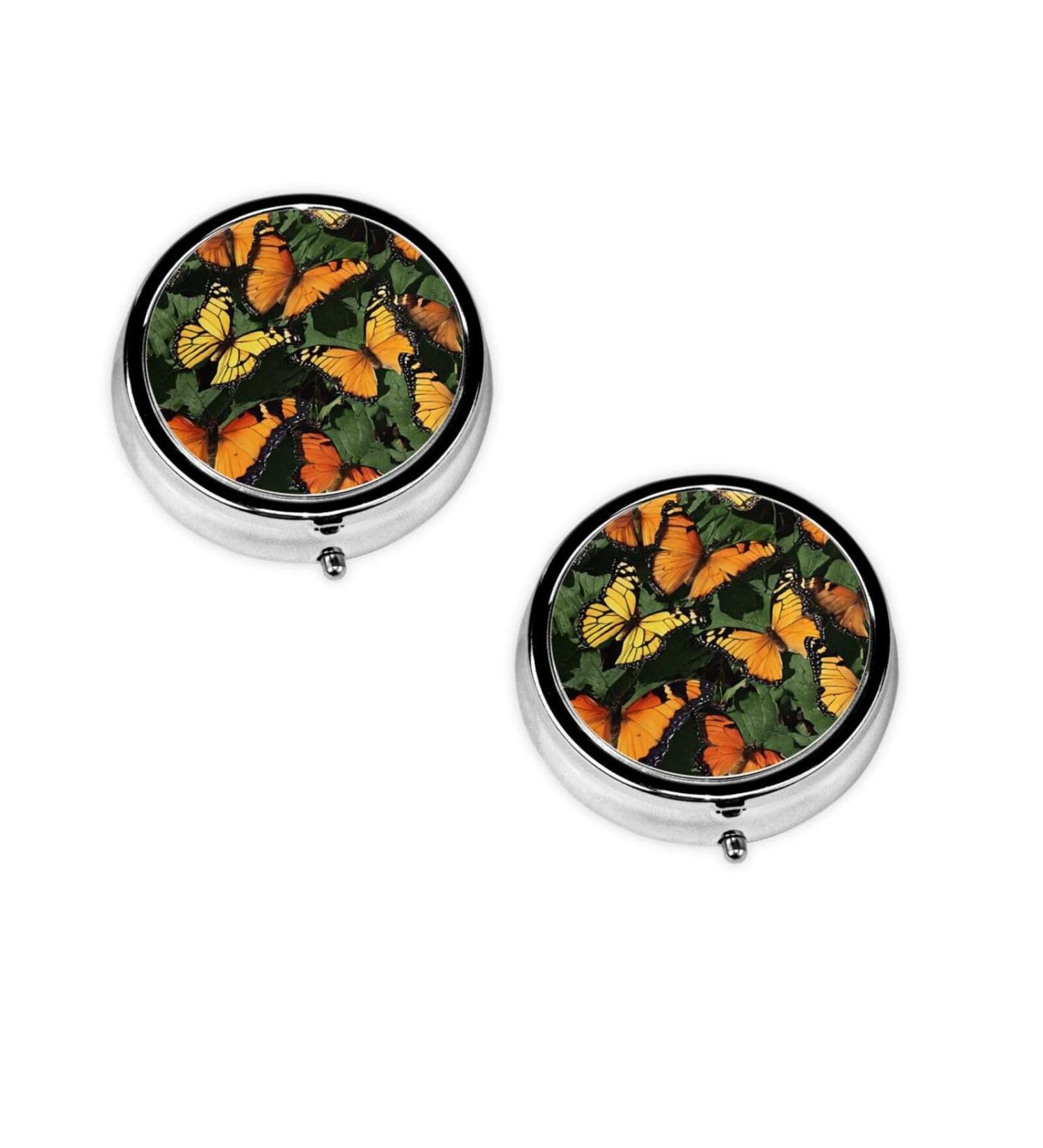 Orange Monarch Butterflies Mini Round Pill Box | 3 Compartment Travel Pill Organizer | Portable Medicine Case for Home & Office Use - Buy Online on GoSupps.com