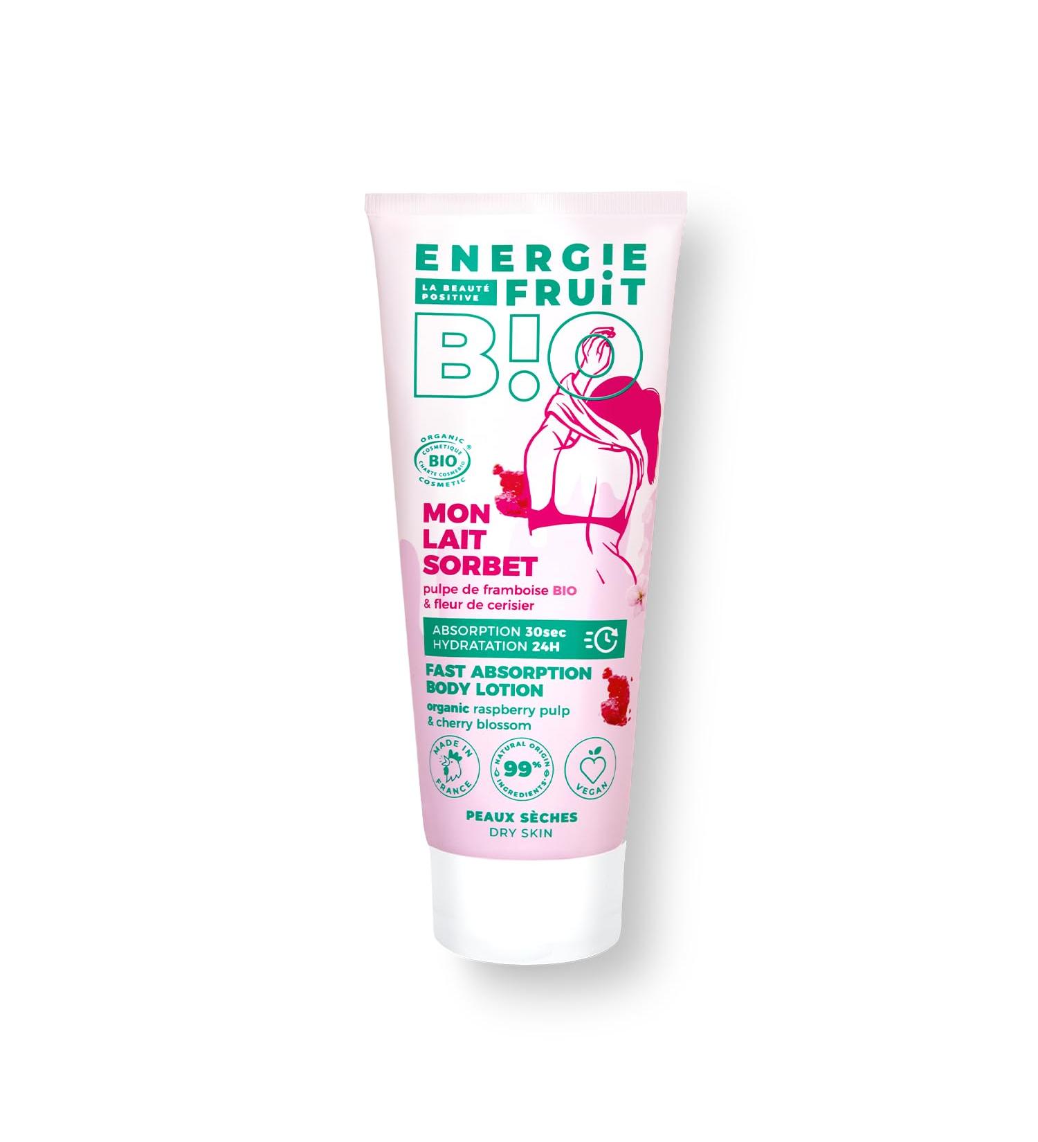 FRUIT ENERGY | Fast absorption body milk | Cherry blossom and raspberry pulp ORGANIC | Certified Organic by ECOCERT | 200ML - Buy Online on GoSupps.com