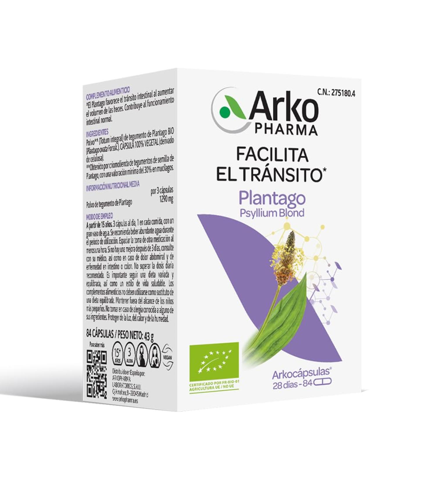  Arkopharma Arkopharma Arkocapsules Plantago BIO 84 capsules facilitates intestinal transit digestive well-being constipation vegan food supplement - Buy Online on GoSupps.com