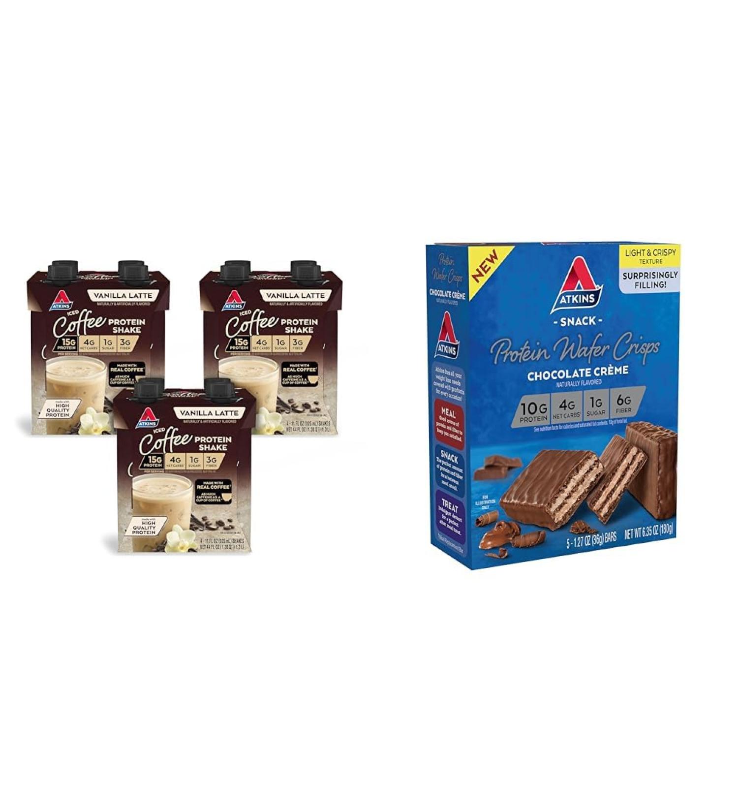 Atkins Iced Coffee Vanilla Latte Protein Shake 15g Protein 4g Net Carb Keto Friendly & Chocolate Cr me Protein Wafer Crisps 10g Protein 4g Net Carb 5 Count - Buy Online on GoSupps.com