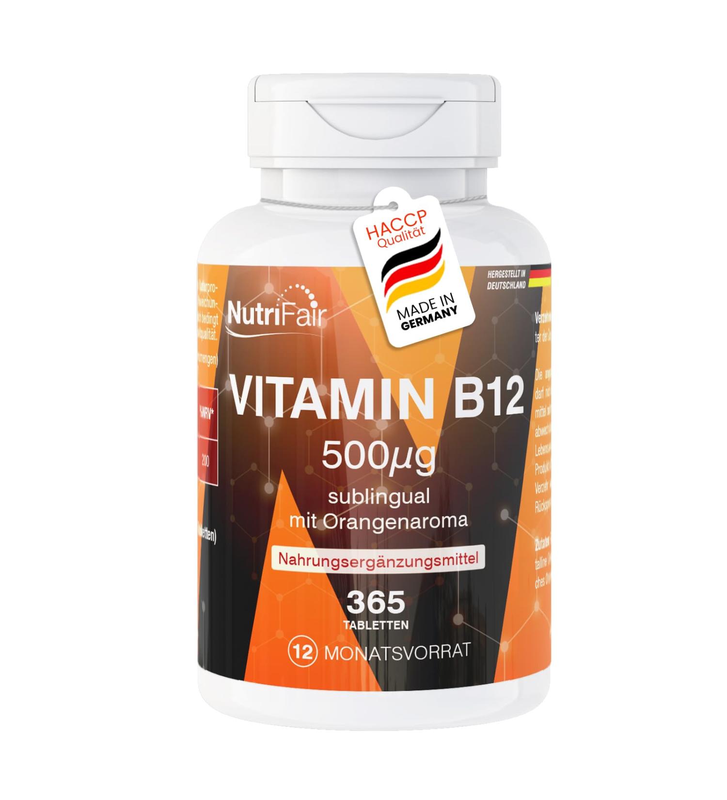 Nutrifair BV Vitamin B12 500 g Lozenges 365 sublingual tablets with orange flavor Methylcobalamin High dosage 100 vegan German production & laboratory testing NutriFair Premium - Buy Online on GoSupps.com