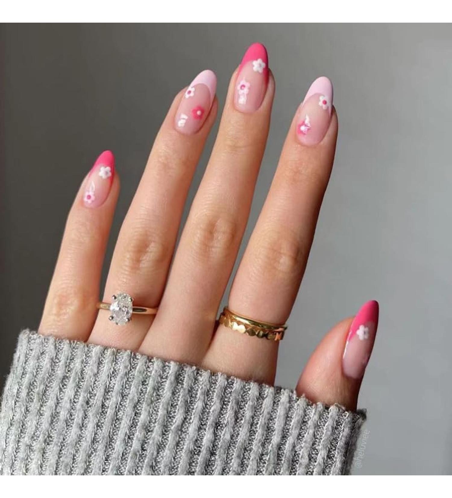 MENILITHS Fresh Pink Flower French Simple and Detachable False Nail Sticker Nail Press on Nail for Women and Girls - Buy Online on GoSupps.com