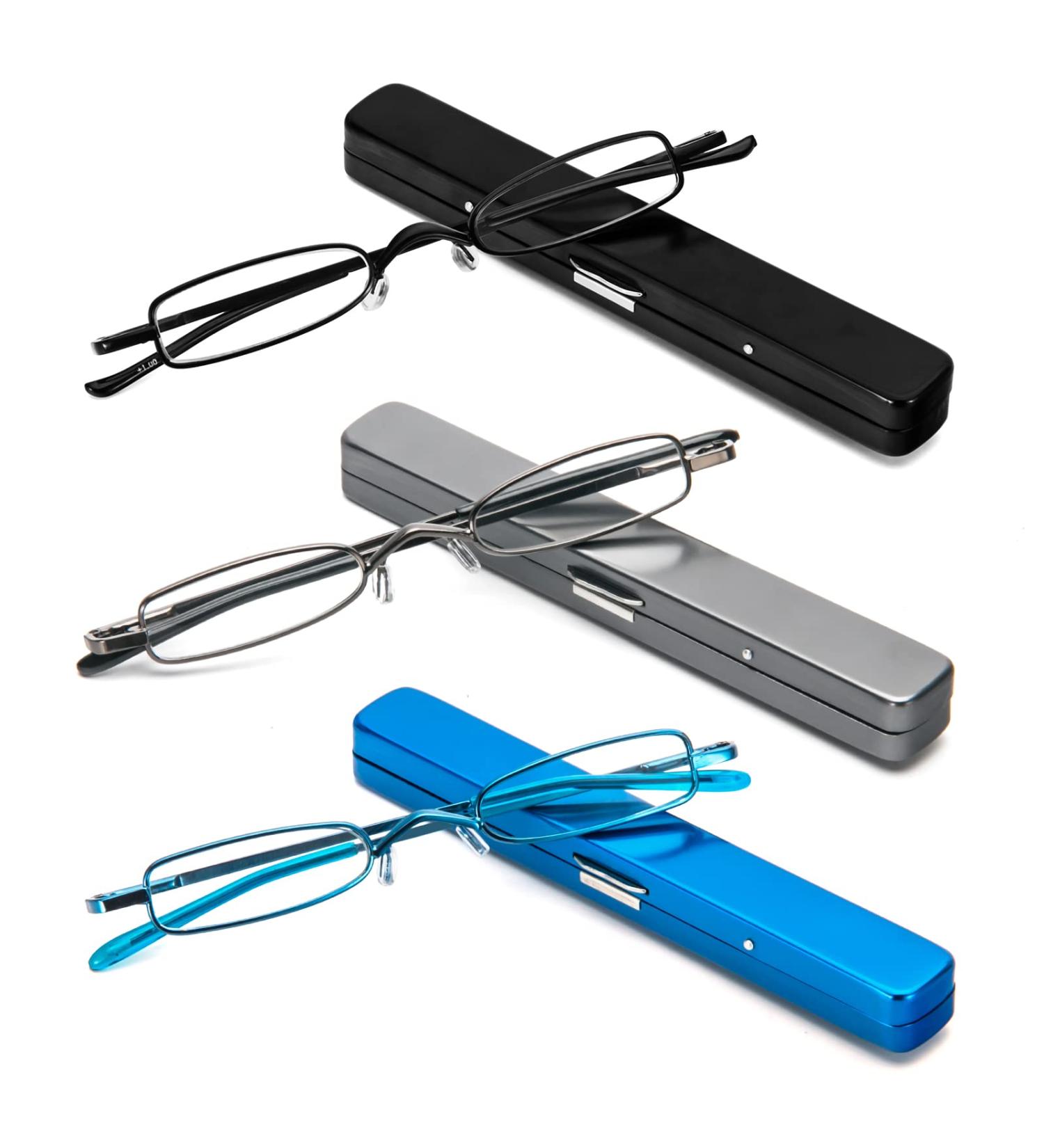 MMOWW 3-Pack Mini Metal Reading Glasses for Men & Women | Classic Spring Hinge | Lightweight Visual Aid | Includes Black Blue & Gray Frames (2.0x) - Buy Online on GoSupps.com