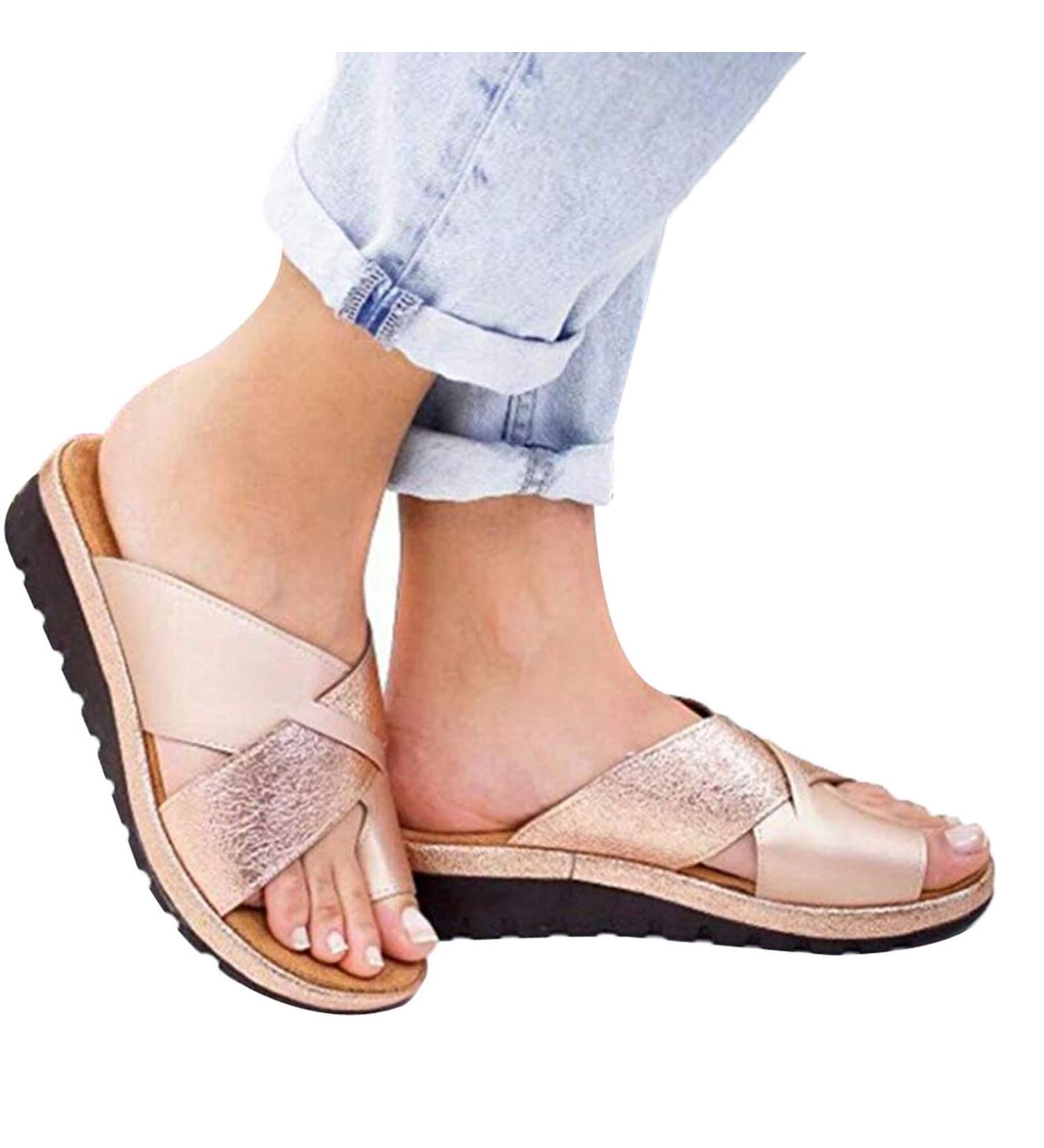 Summer Bunion Corrector Sandals for Women | Pain Relief Hallux Valgus | PU Leather Open Toe (Champagne Size 5.5 - Buy Online on GoSupps.com