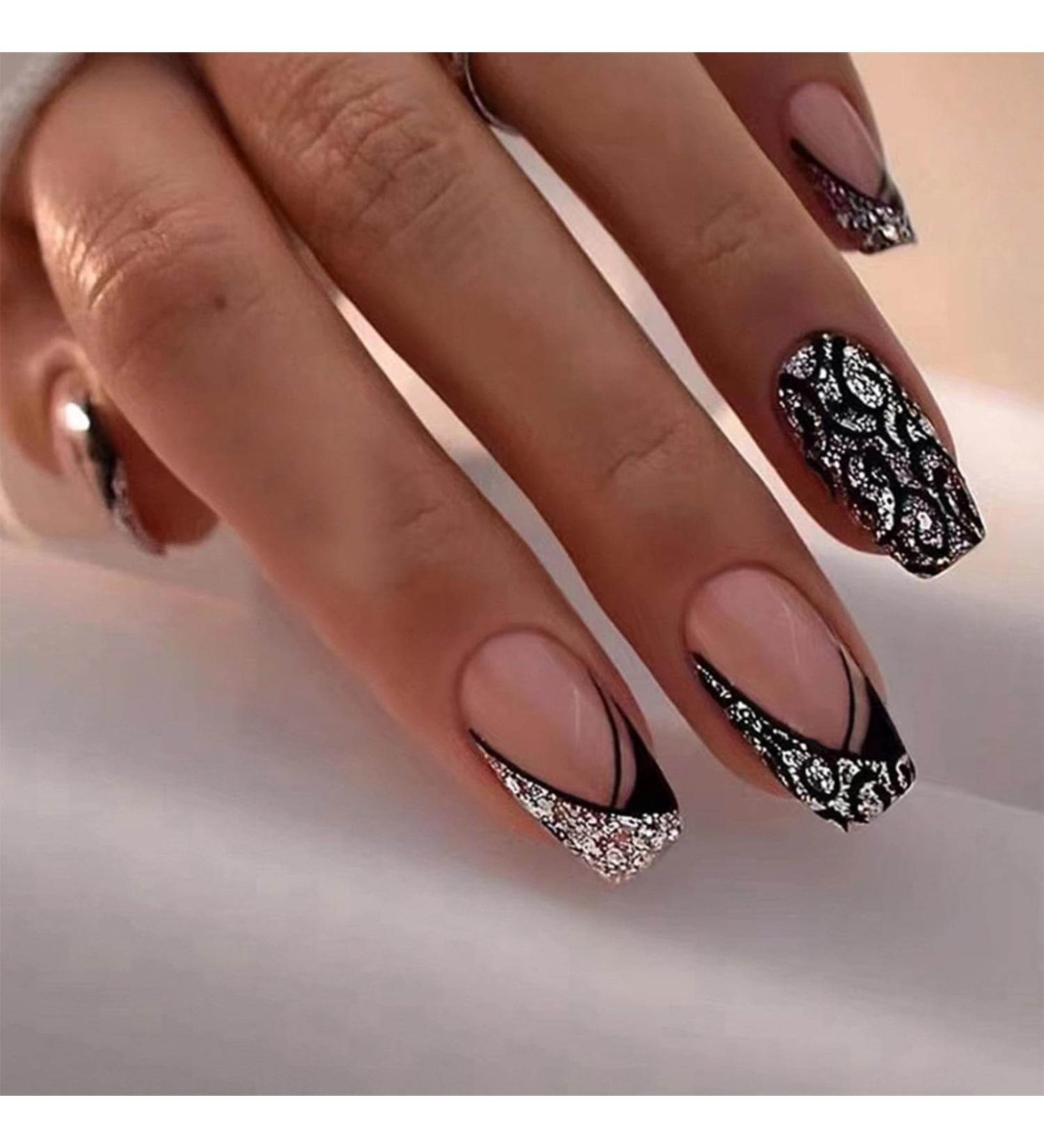 Buy Black French Tip Press On Nails - Medium Coffin Silver Glitter & Leopard Design - 24 Pcs Short Acrylic Fake Nails for Women - Buy Online on GoSupps.com