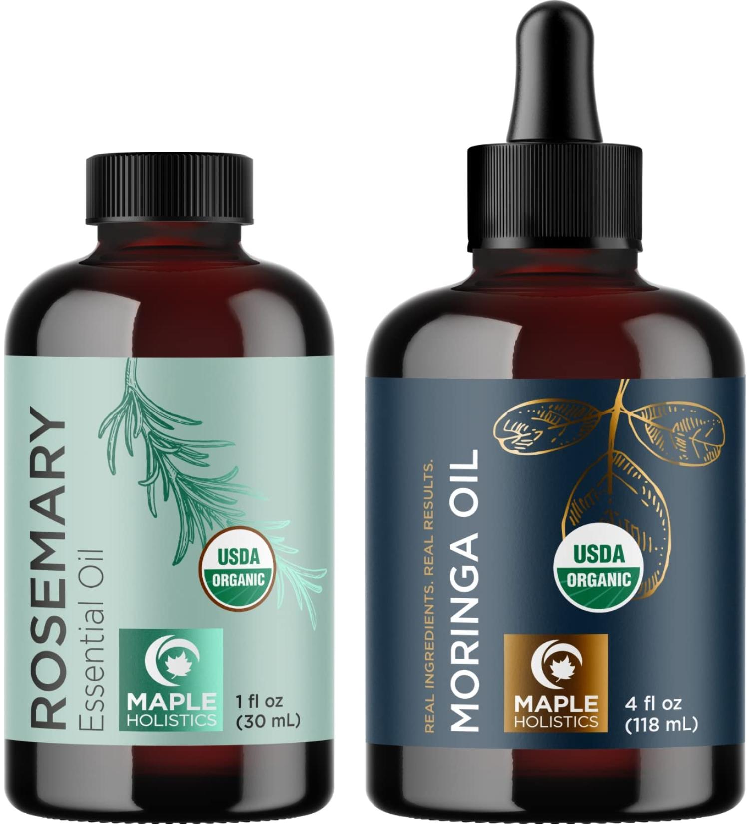 Certified Organic Rosemary & Moringa Oils - USDA Essential Oil for Hair, Skin & Nails - Aromatherapy with Cold Pressed Virgin Moringa Oil - Buy Online on GoSupps.com
