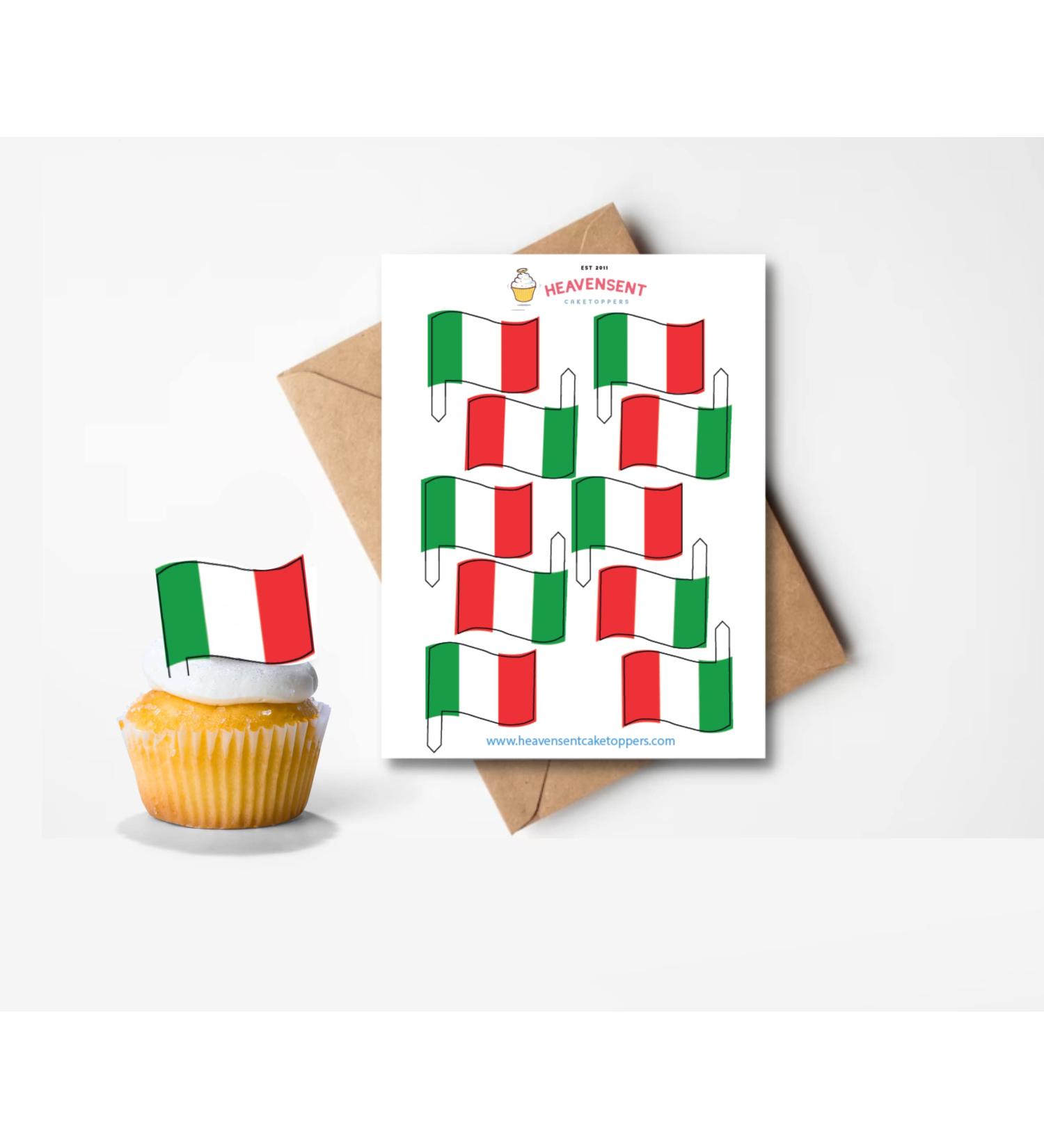 20x Pre-cut Italy Italian Flags Edible Thick Wafer Card Standing Cupcake Toppers Birthday Party Cake Decorations