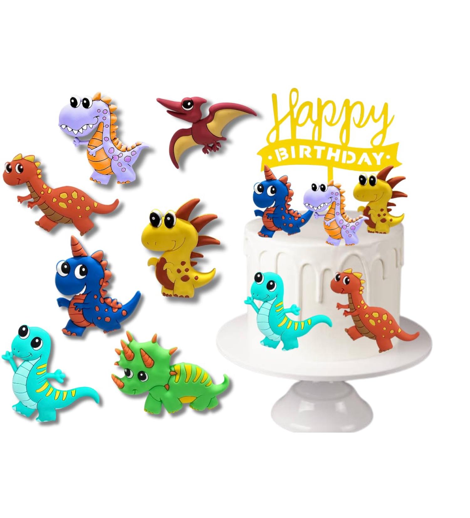 Miniature 3D PVC Dinosaur Cake Topper Set - Gold Acrylic Happy Birthday Sign 8 pcs Big Bright Food-Safe Dino s - Ideal for Kids Party Wild One Cake Decor Baby Celebrations - Buy Online on GoSupps.com
